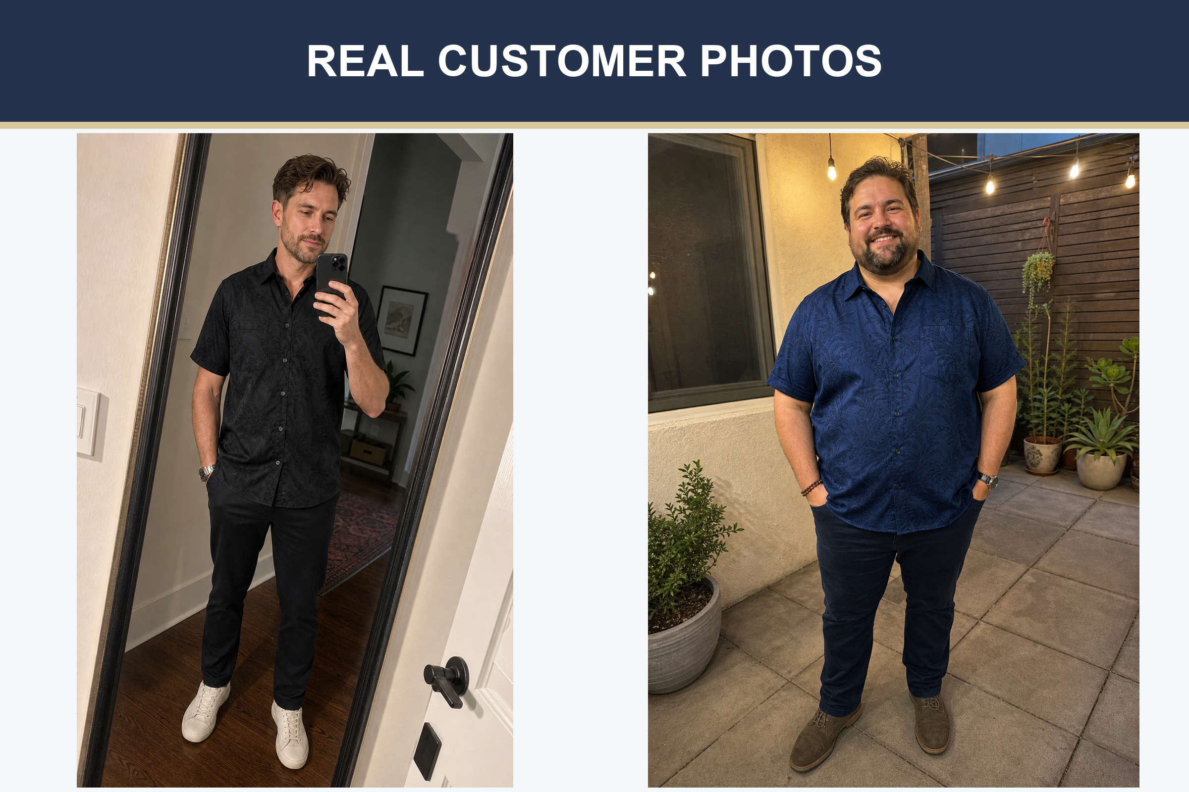 Real customer photos wearing black and navy jacquard shirts