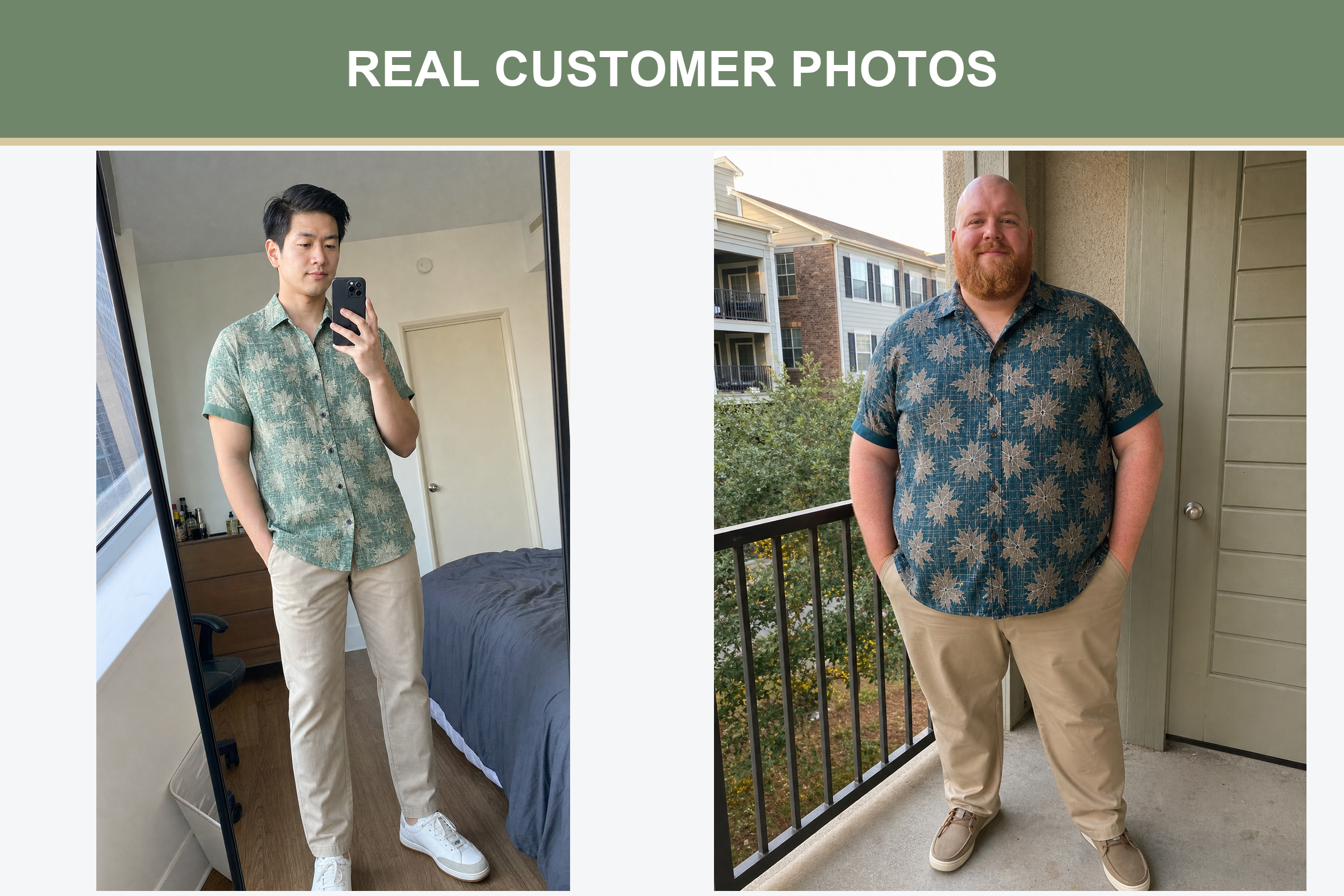 Real customer photos wearing botanical camp collar shirts