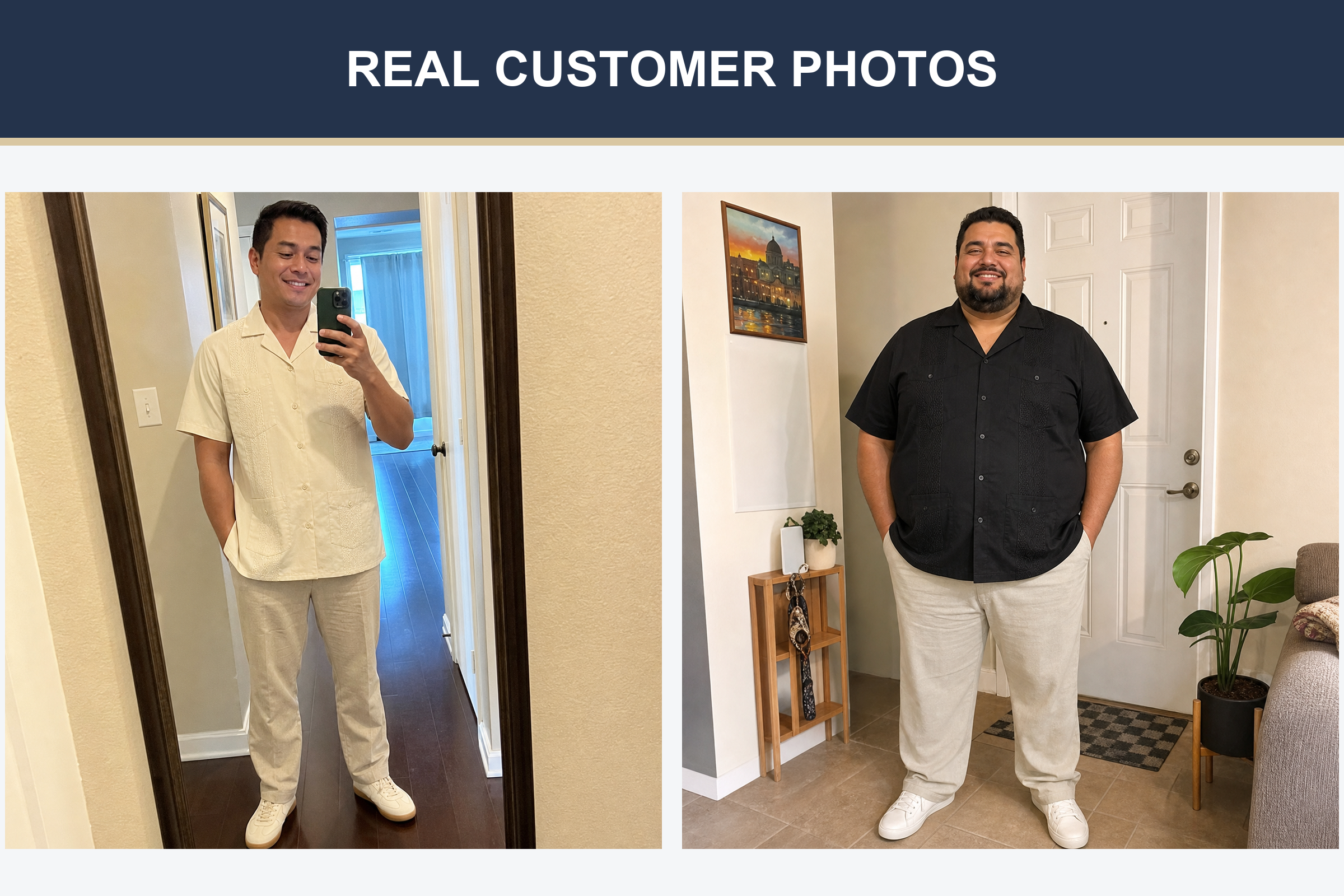 Customer-style photos wearing ivory and black guayabera shirts