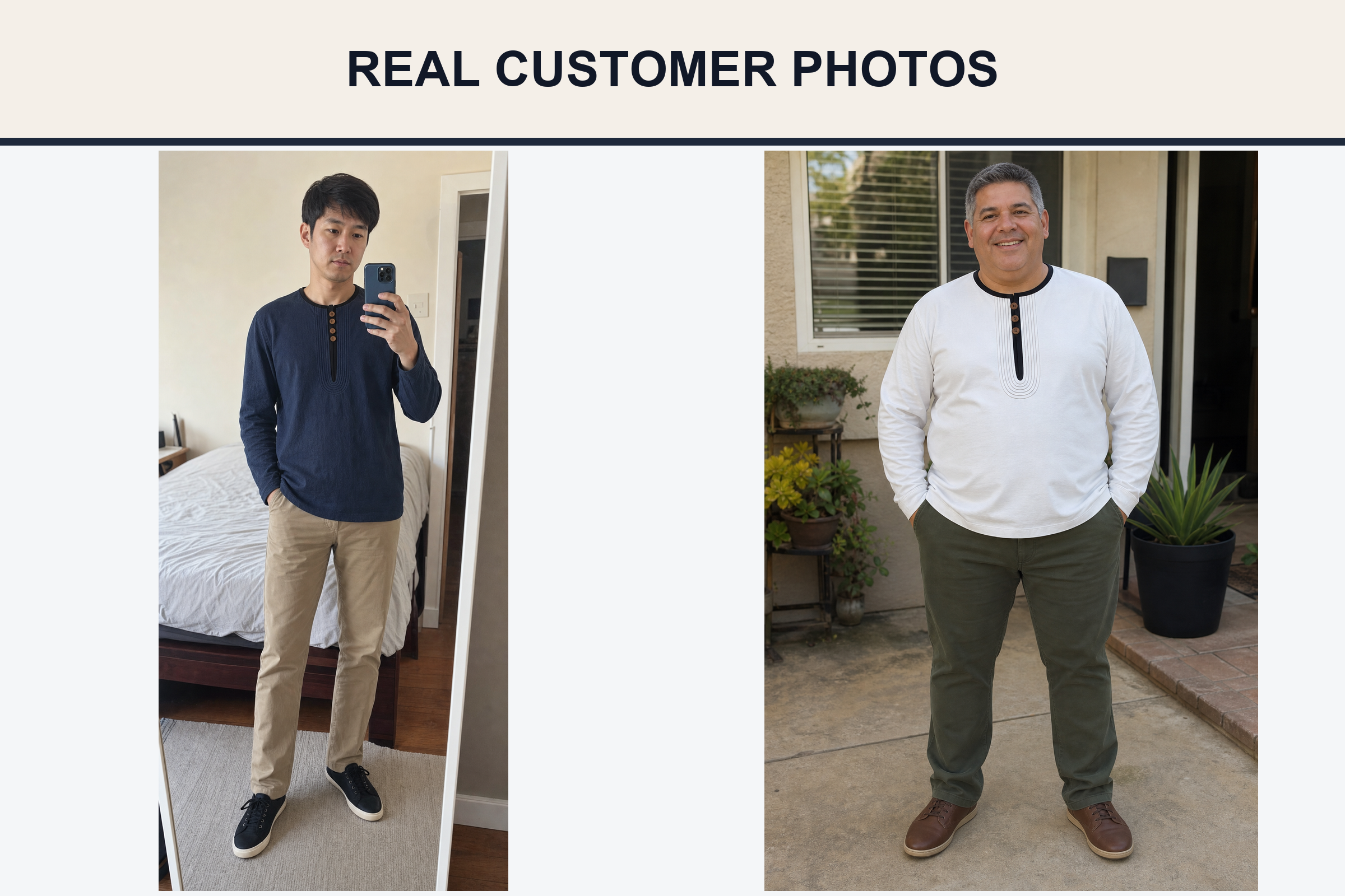 Real customer Henley photos in deep navy and soft white