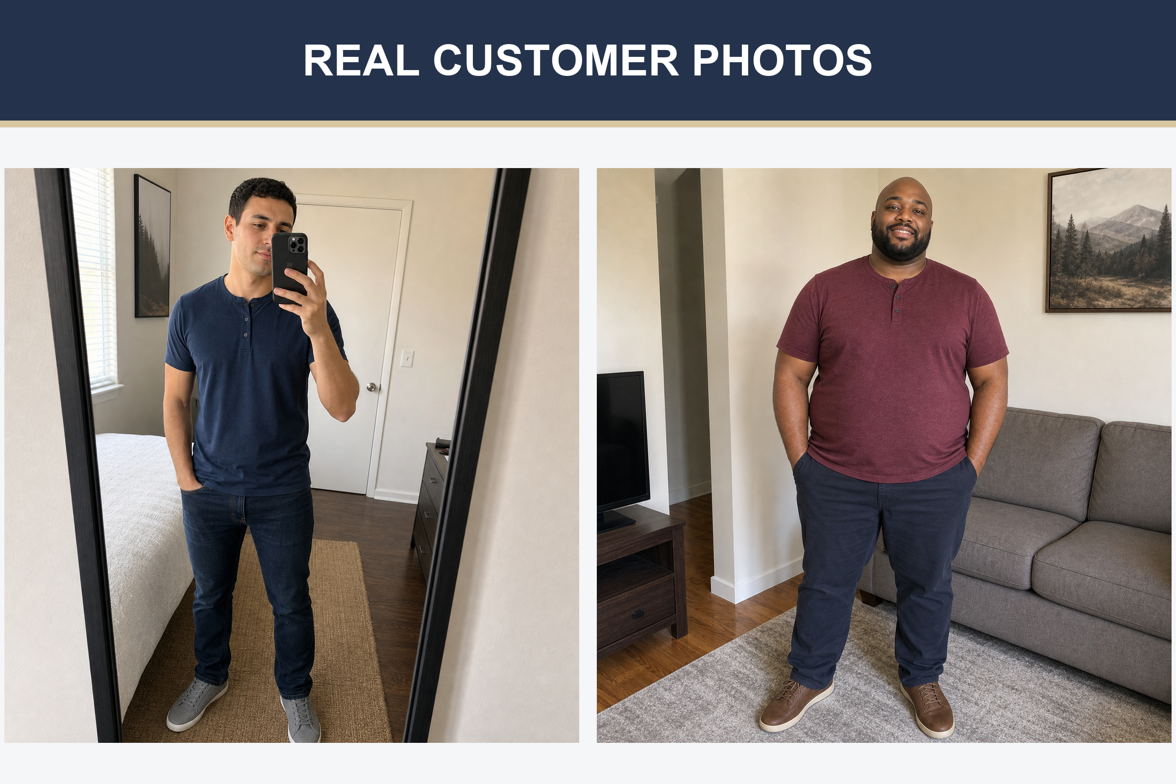 Real customer Henley shirt photos in navy and burgundy