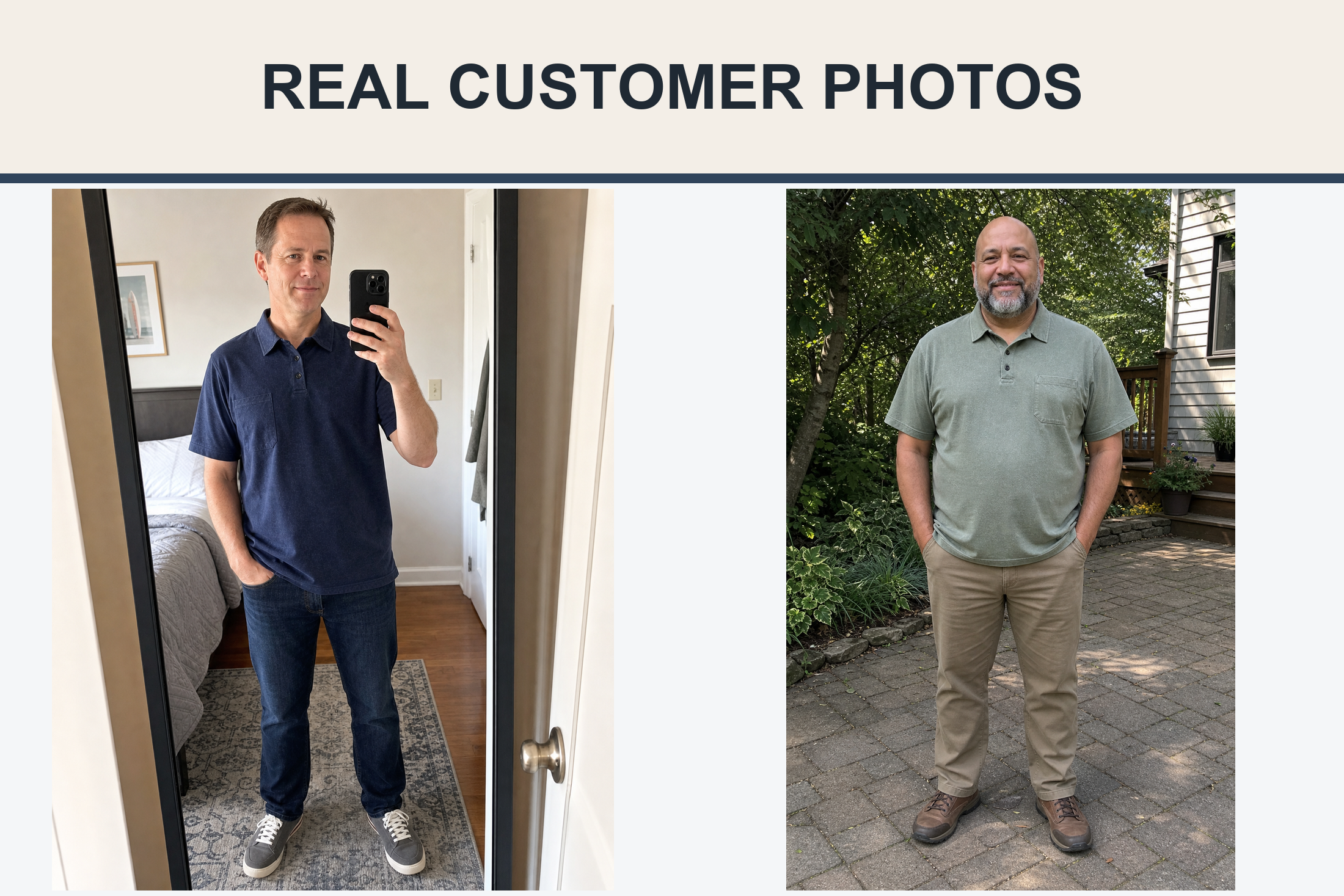 Real customer photos wearing navy and sage green polos