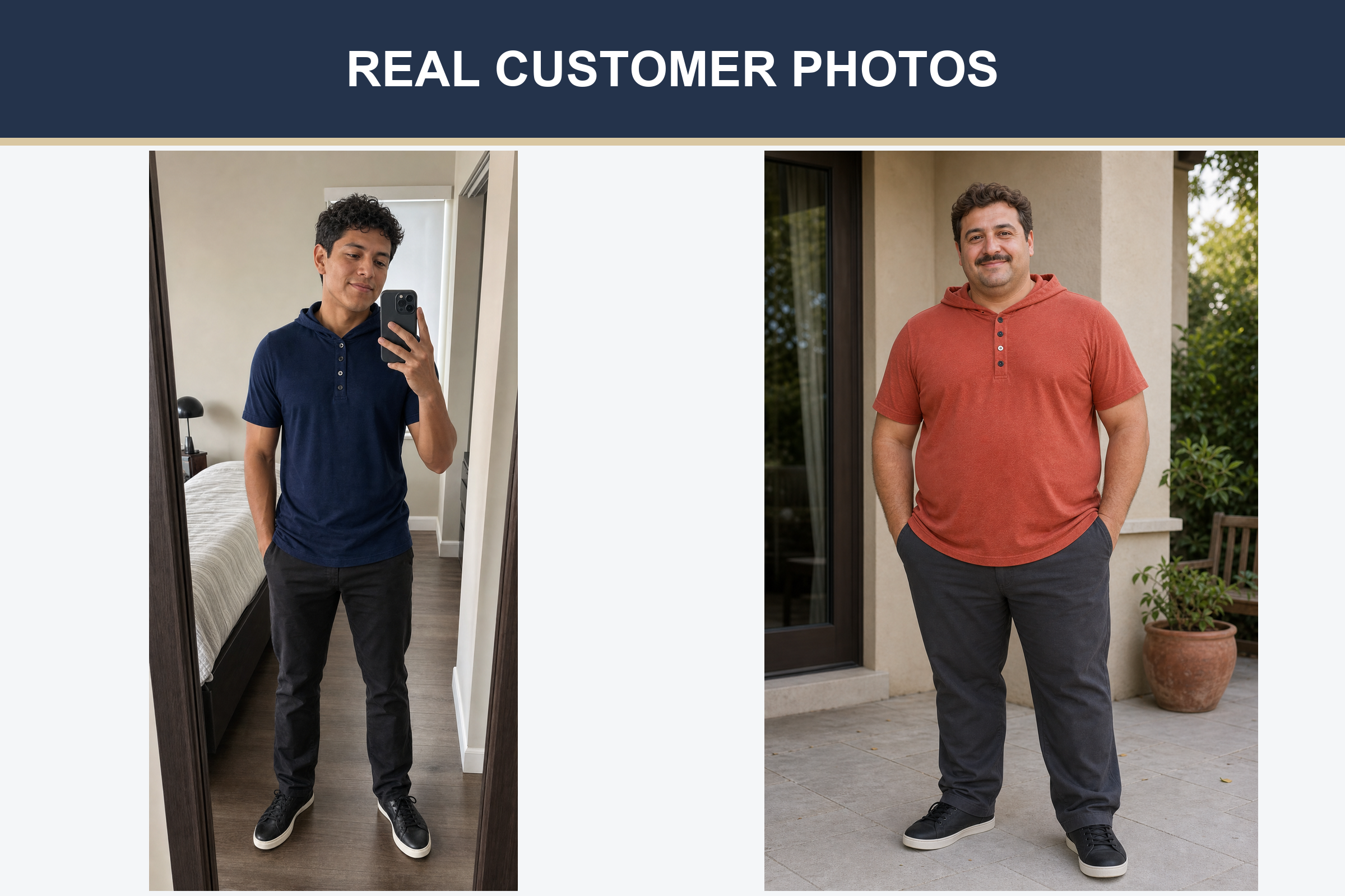 Real customer hooded Henley photos in navy and terracotta