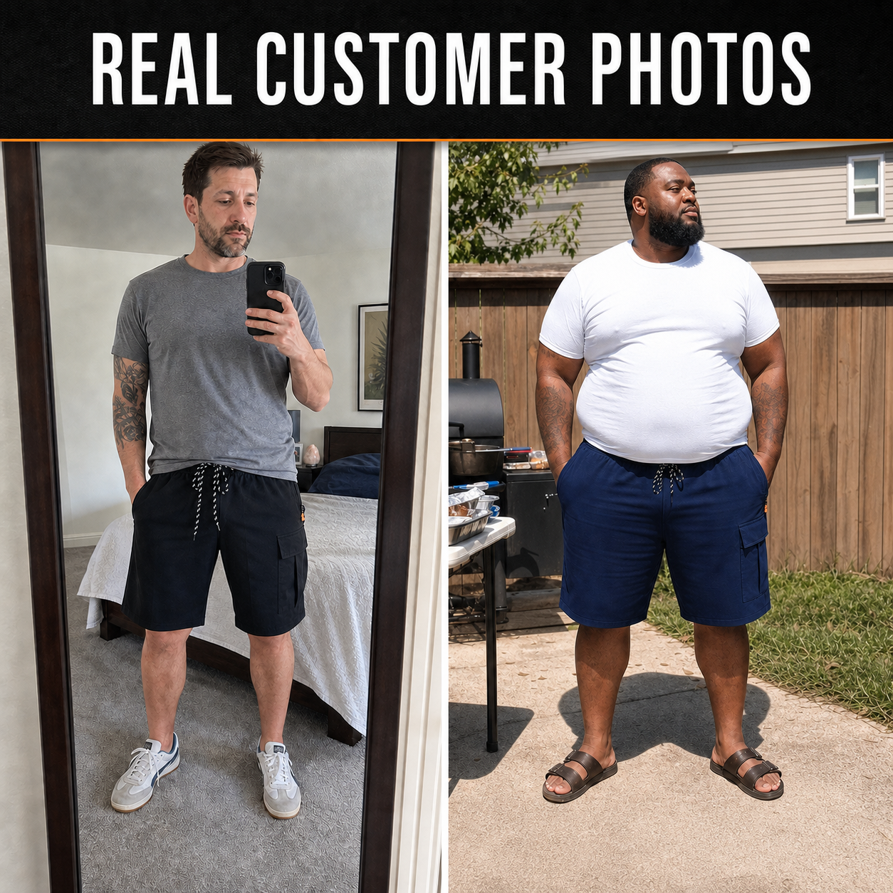 Customer-style photos wearing black and navy cargo shorts