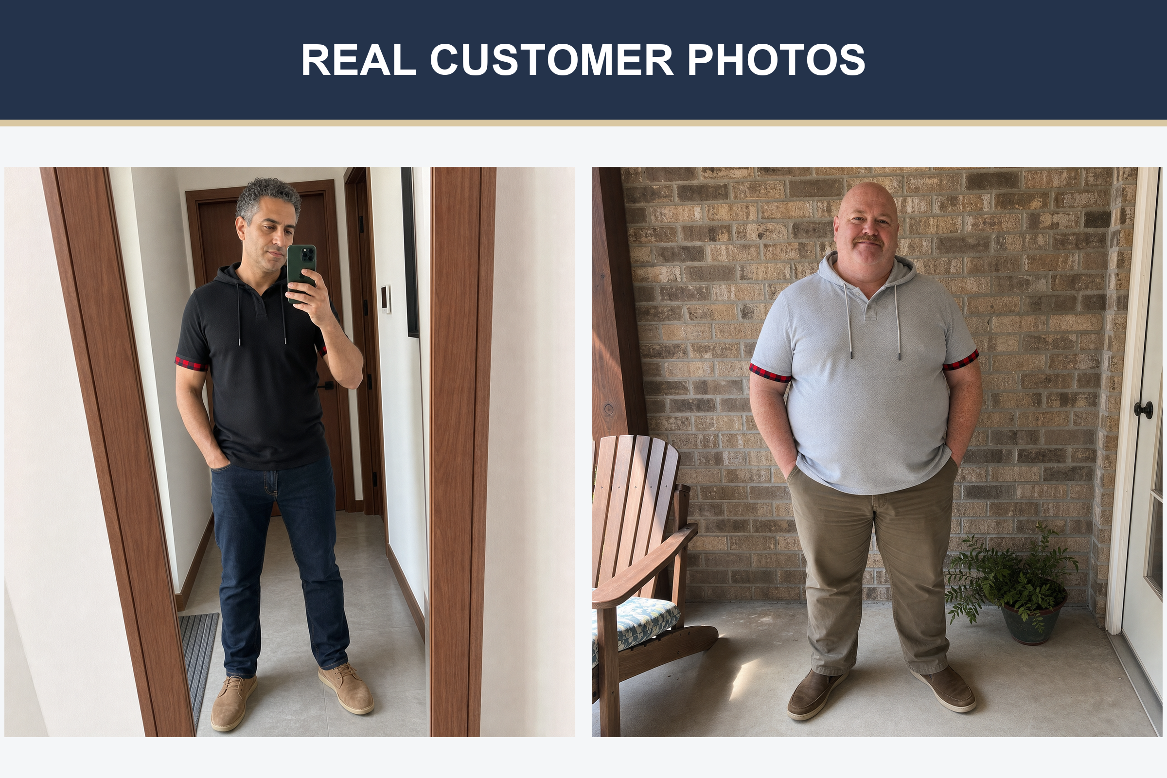 Real customer photos in black and light gray hooded Henley shirts