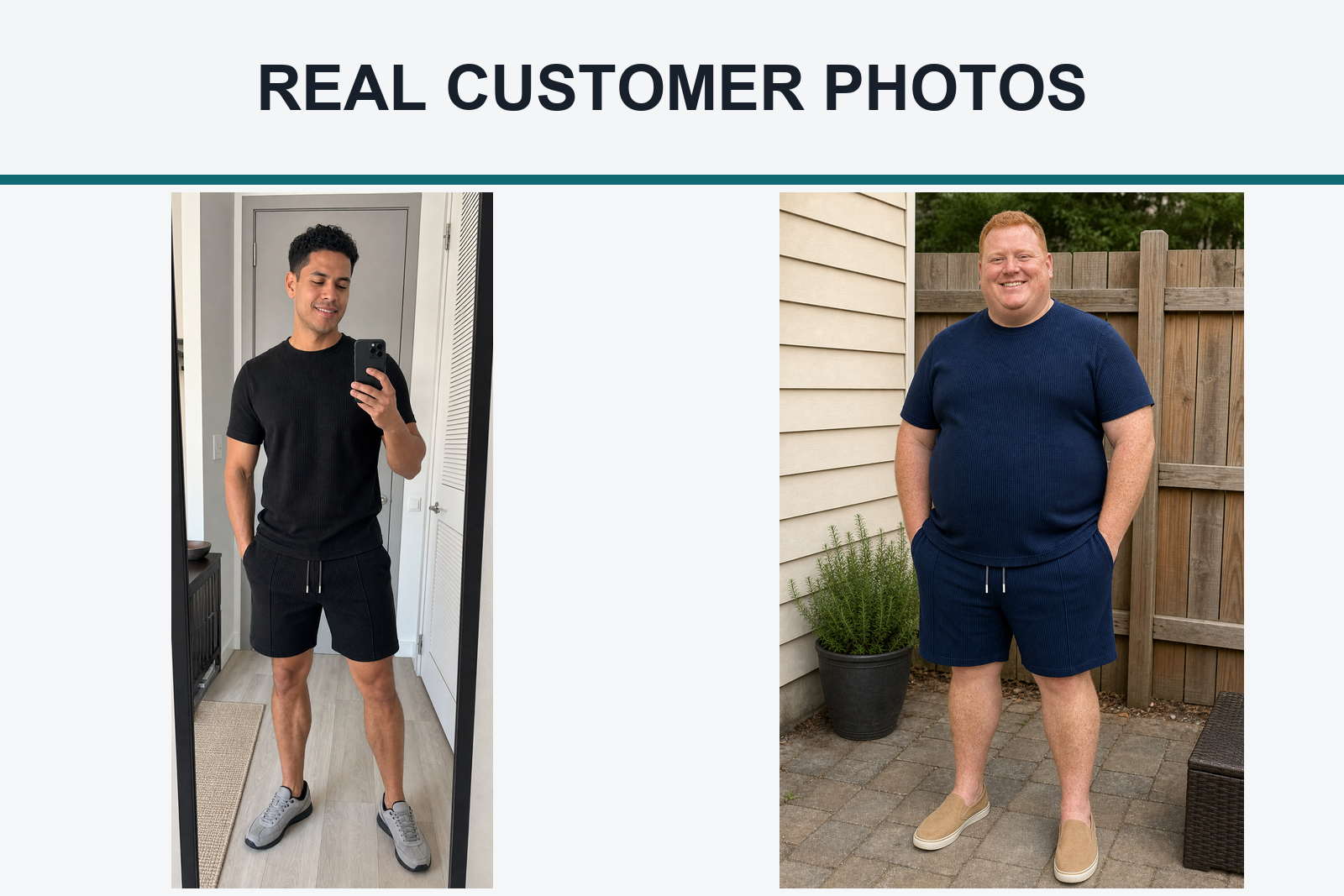 Real customer photos wearing black and navy waffle sets