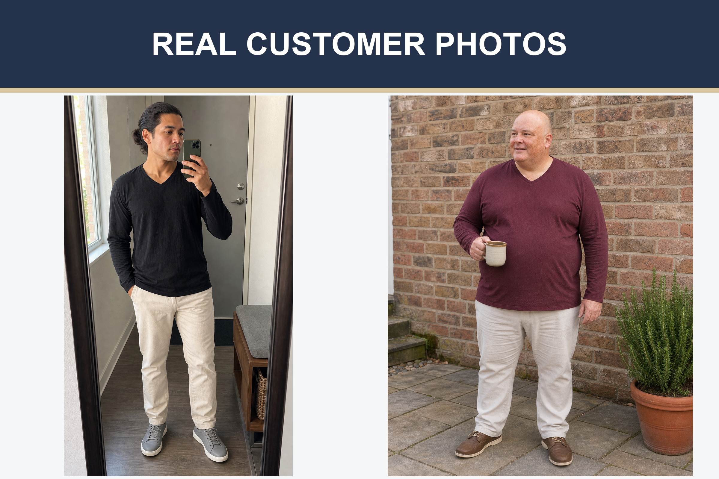 Real customer V-neck shirt photos in black and burgundy
