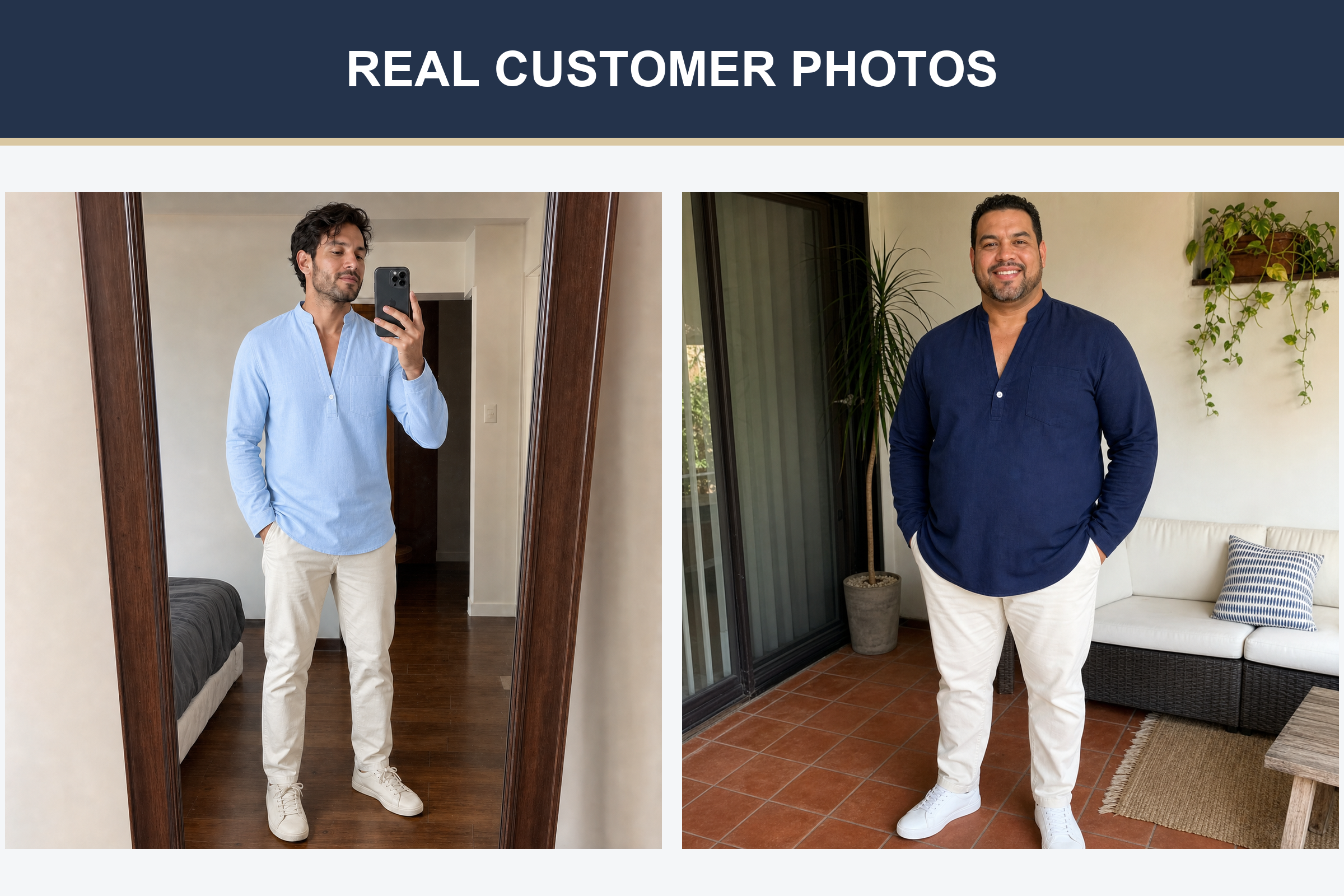 Real customer split-neck shirt photos in light blue and navy