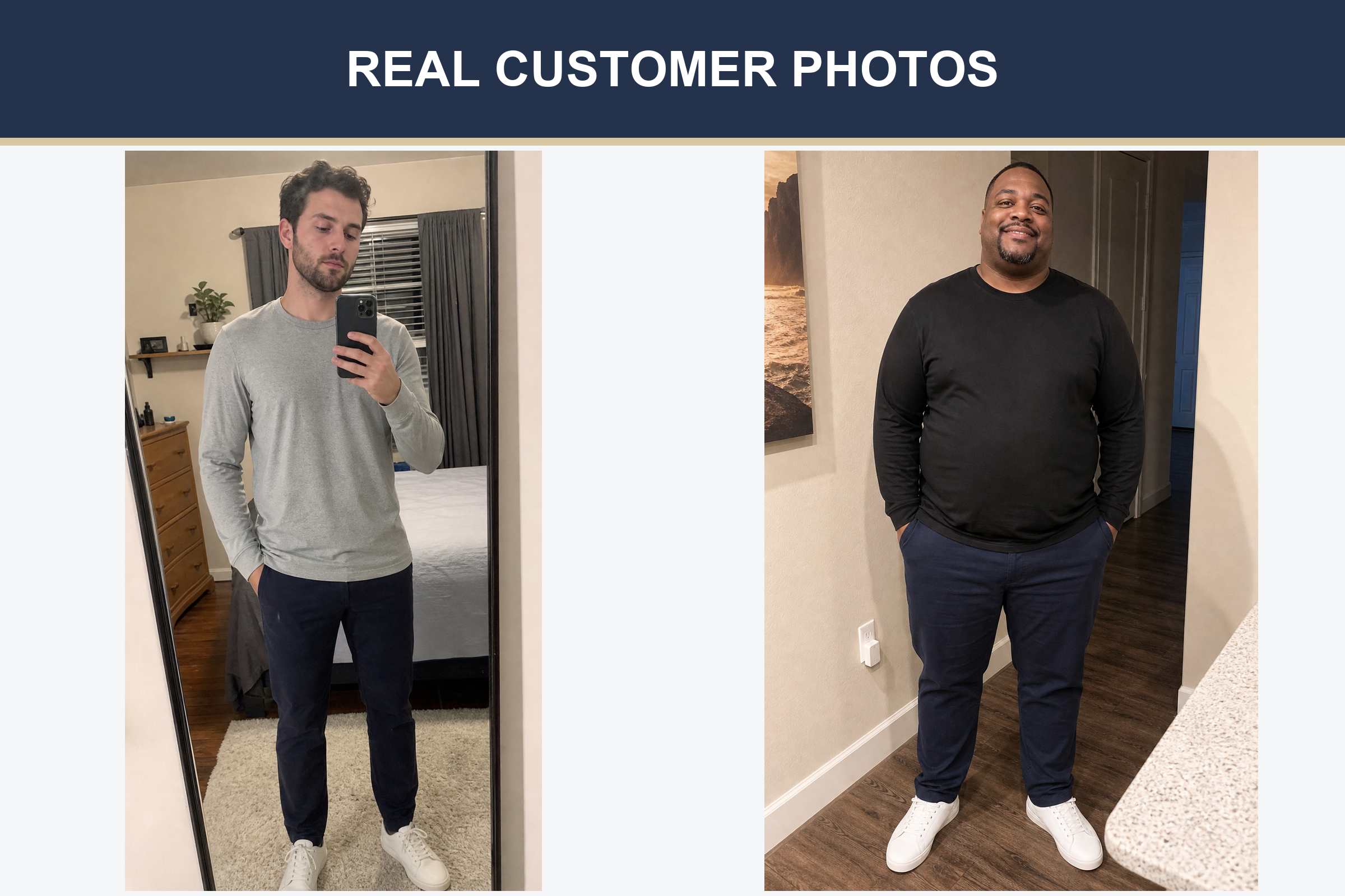 Real customer photos wearing gray and black long-sleeve T-shirts