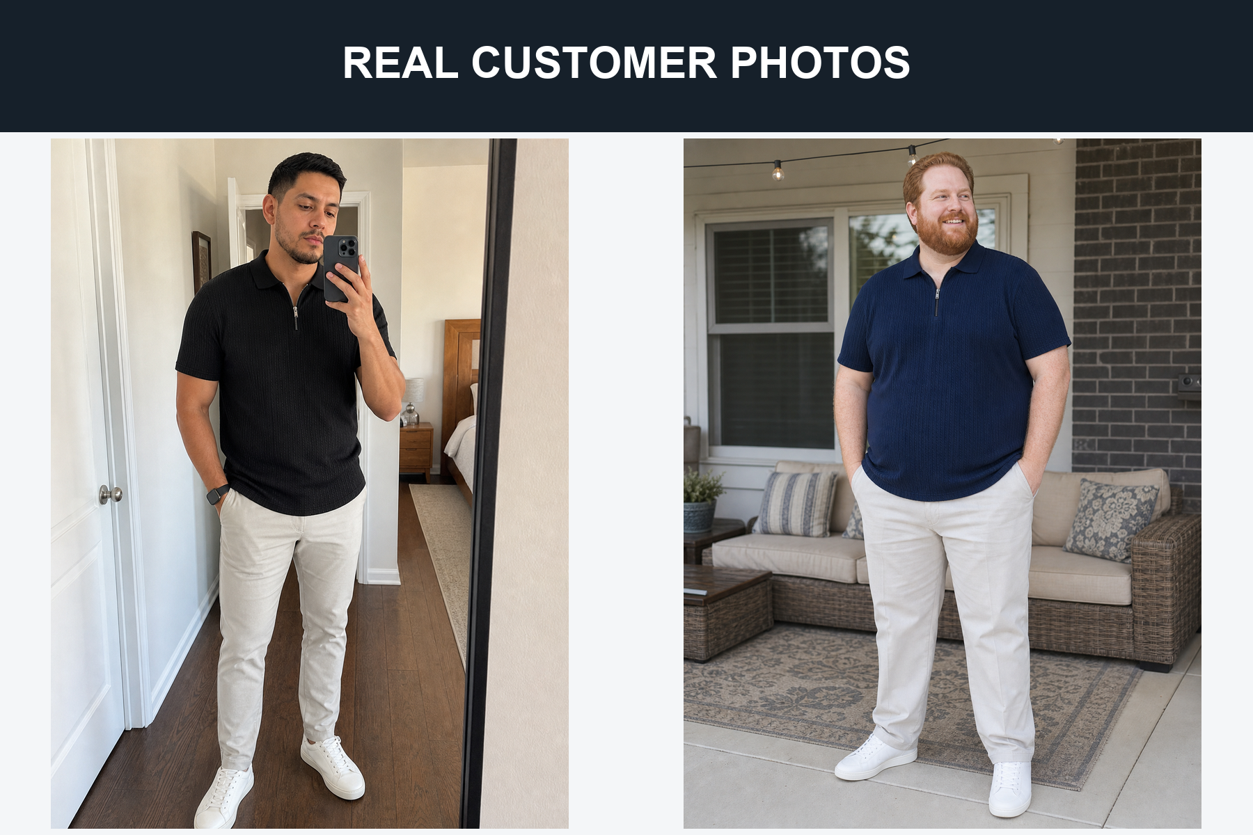 Real customer photos wearing black and navy cable knit polos