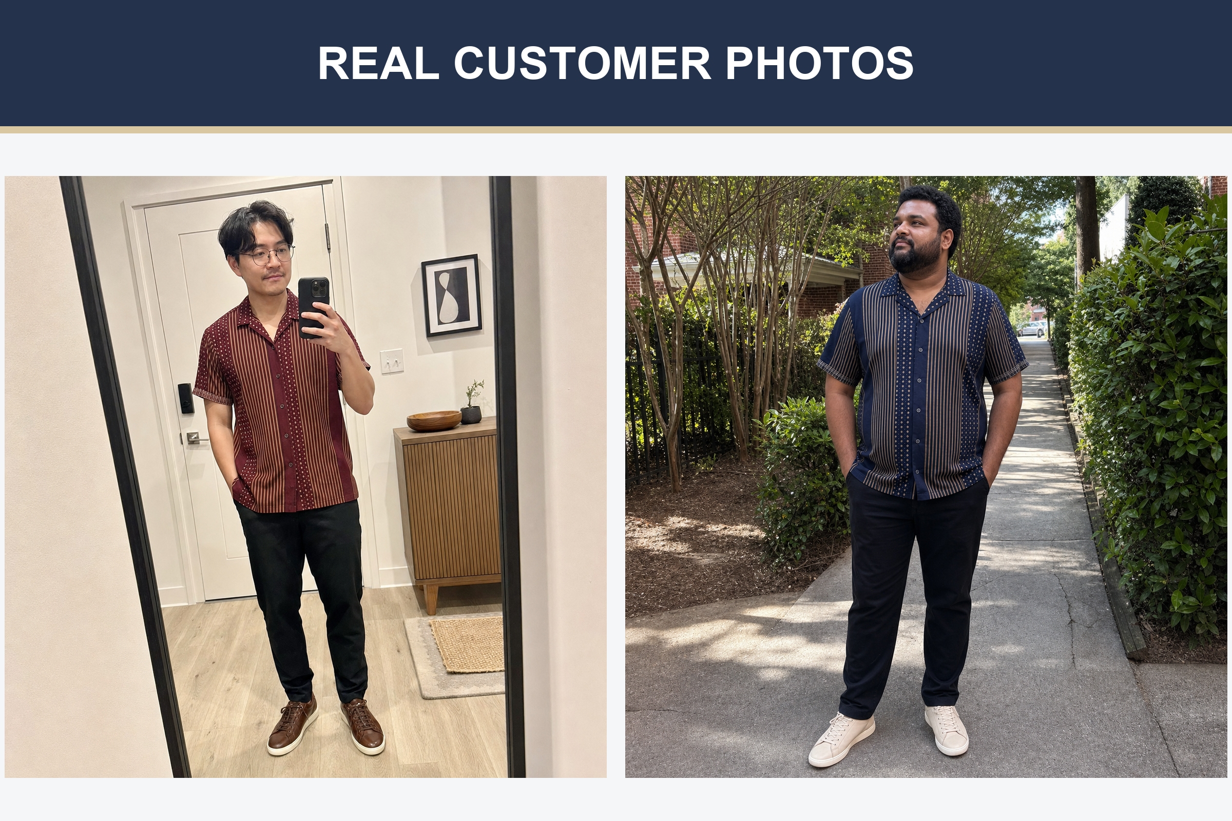 Real customer photos wearing burgundy and navy stripe shirts