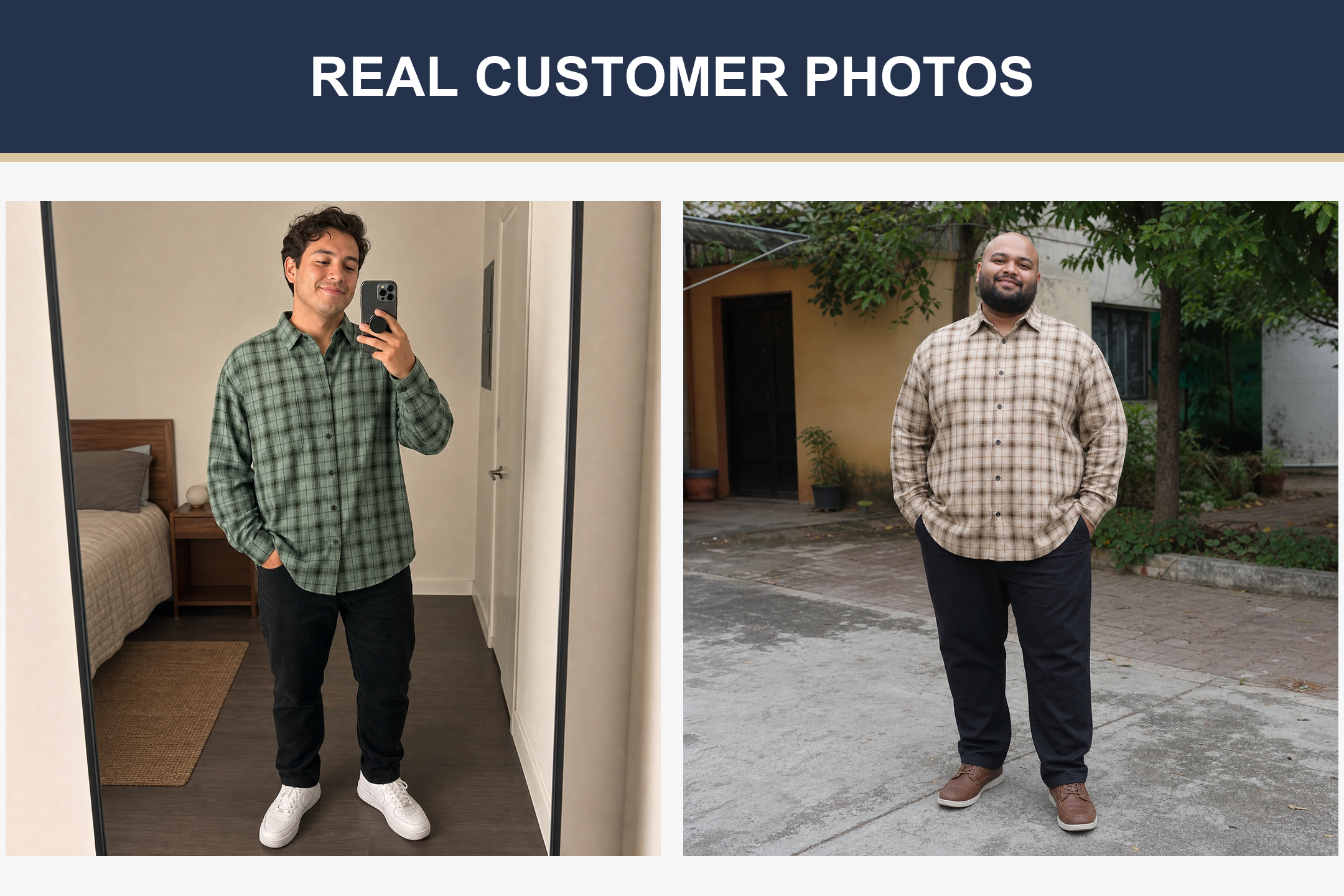 Real customer photos wearing sage and warm sand plaid shirts