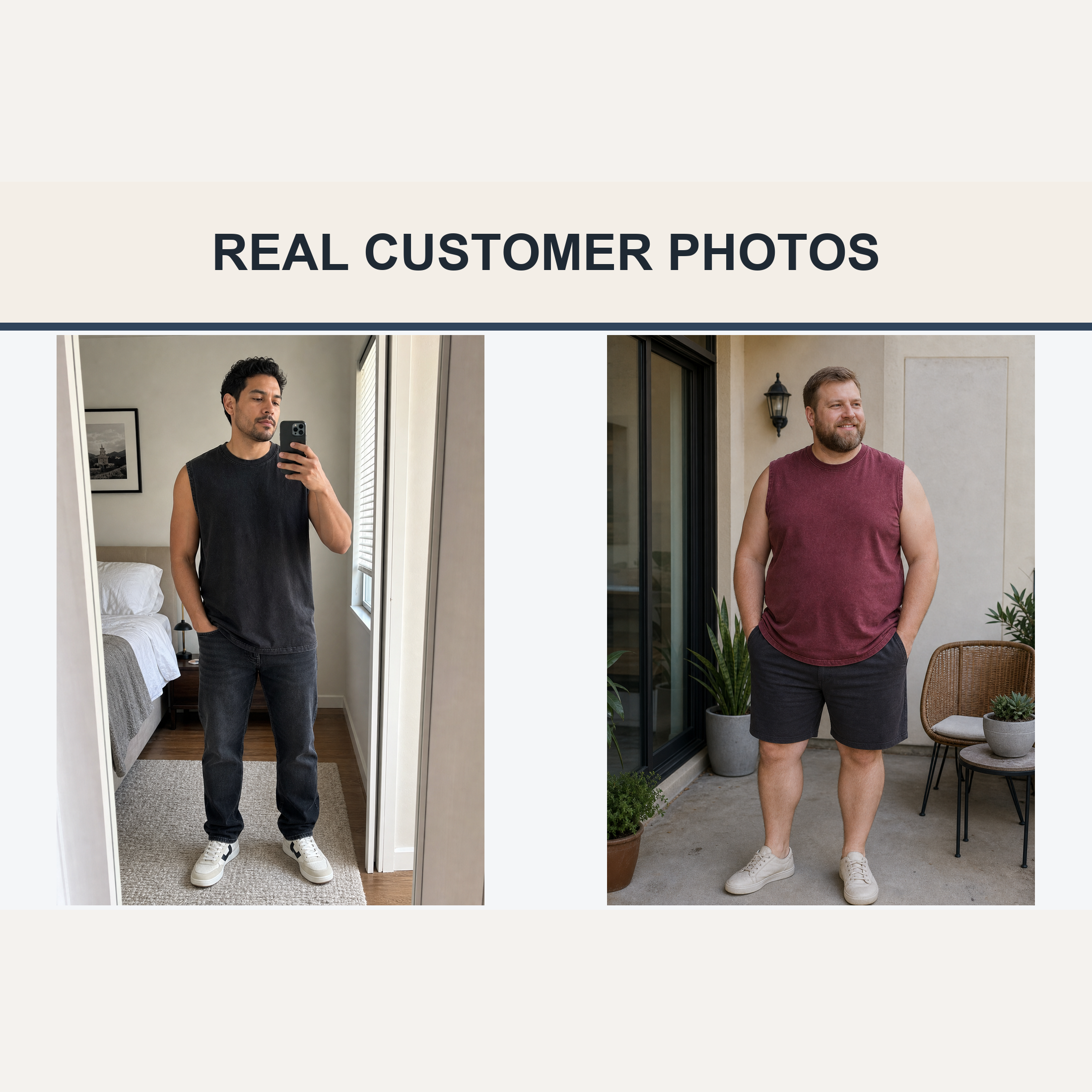 Real customer photos wearing black and burgundy sleeveless T-shirts