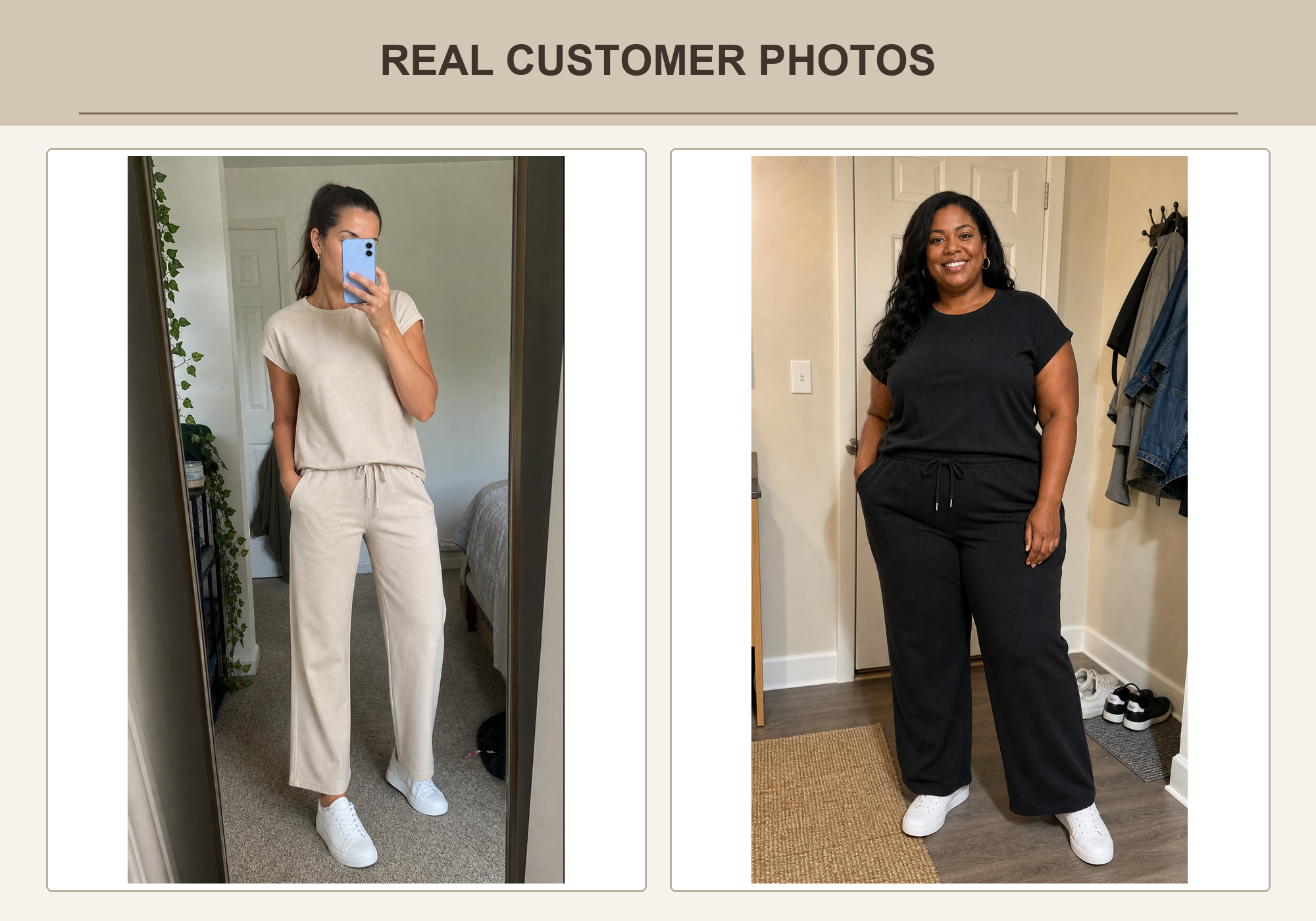 Real customer photos wearing warm beige and soft black matching sets