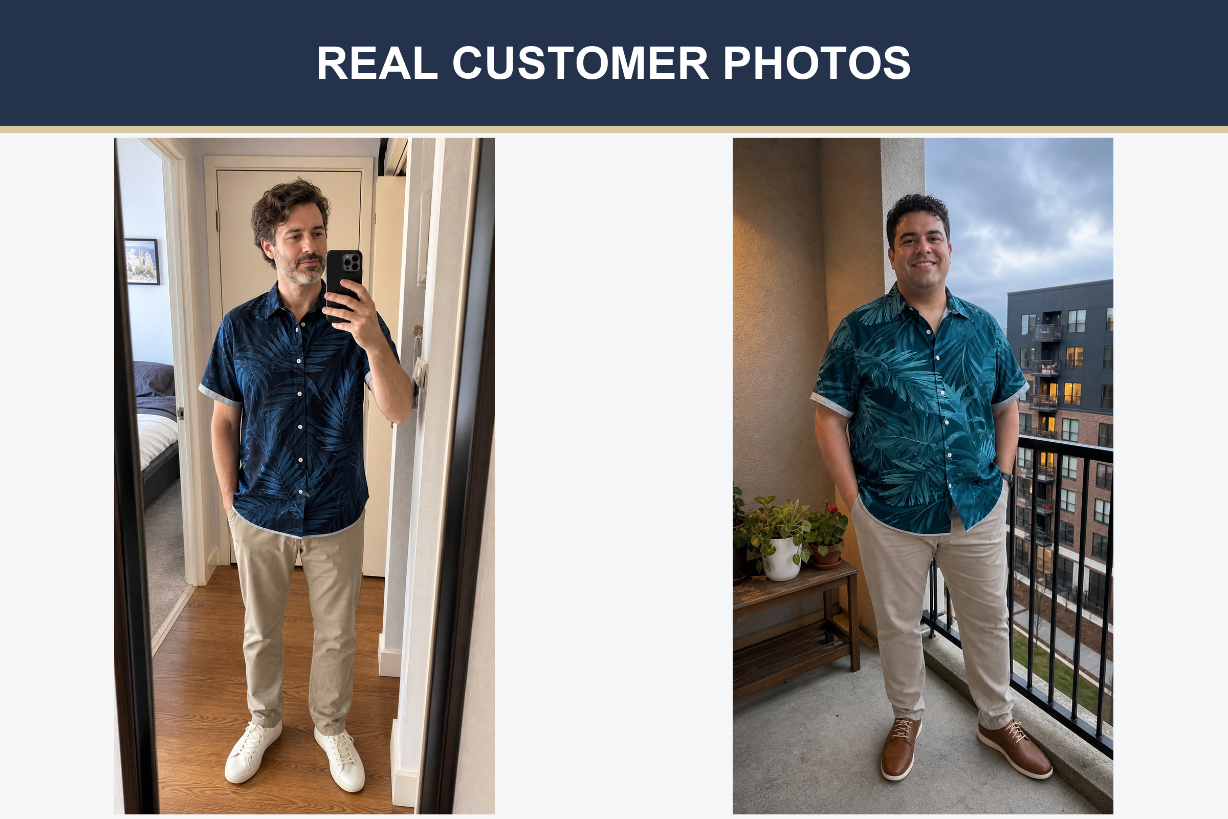 Real customer photos wearing navy and teal tropical shirts