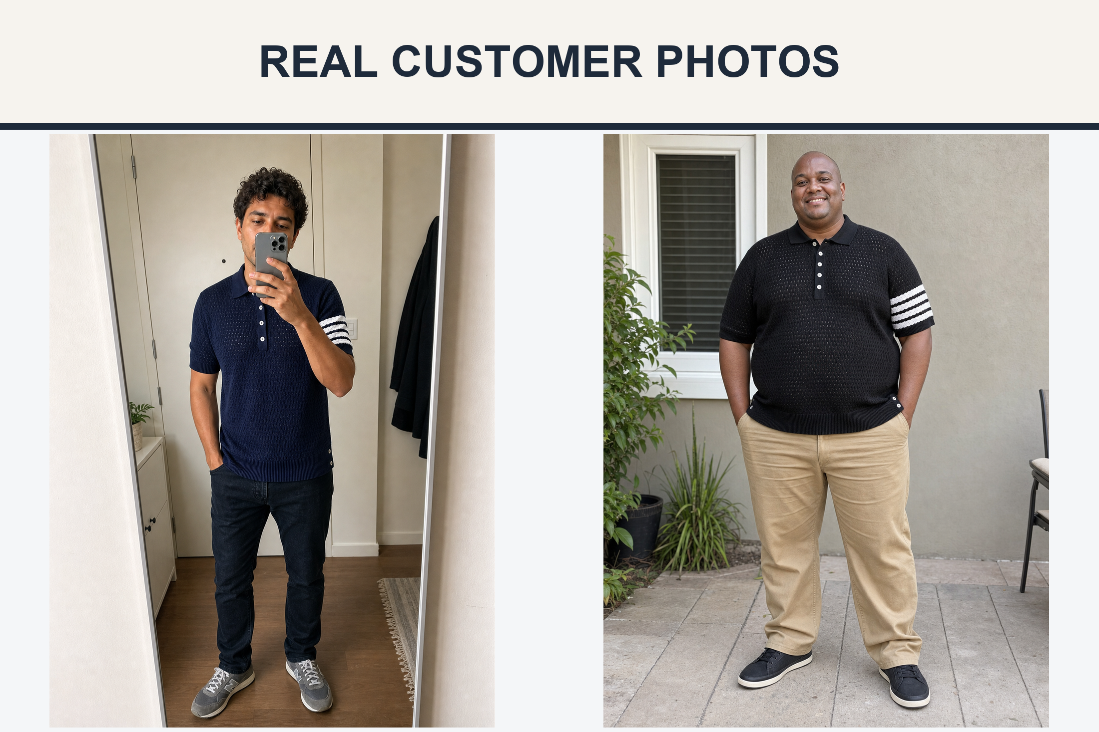 Real customer photos in navy and black knit polos