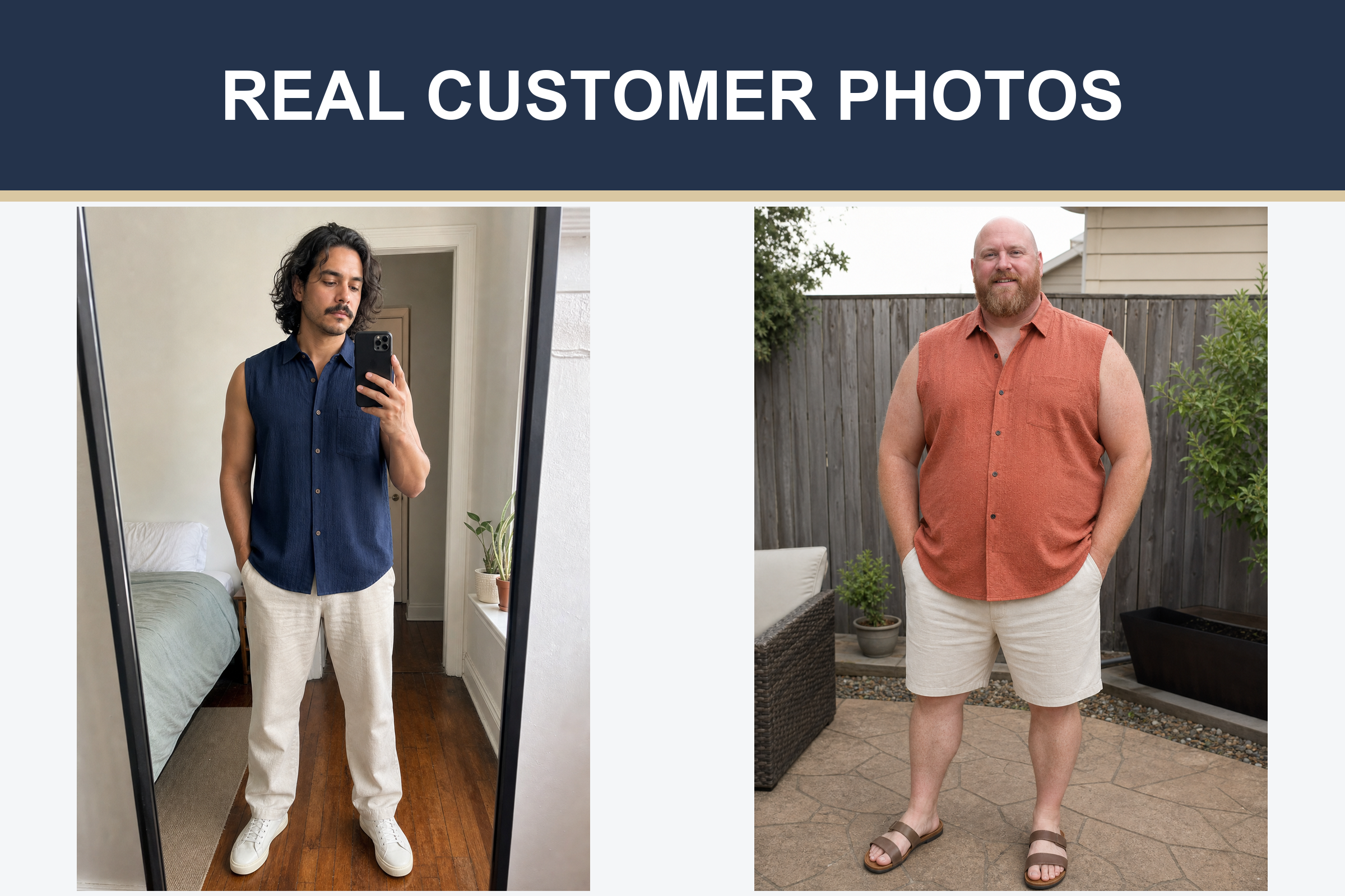 Real customer photos wearing navy and terracotta sleeveless shirts