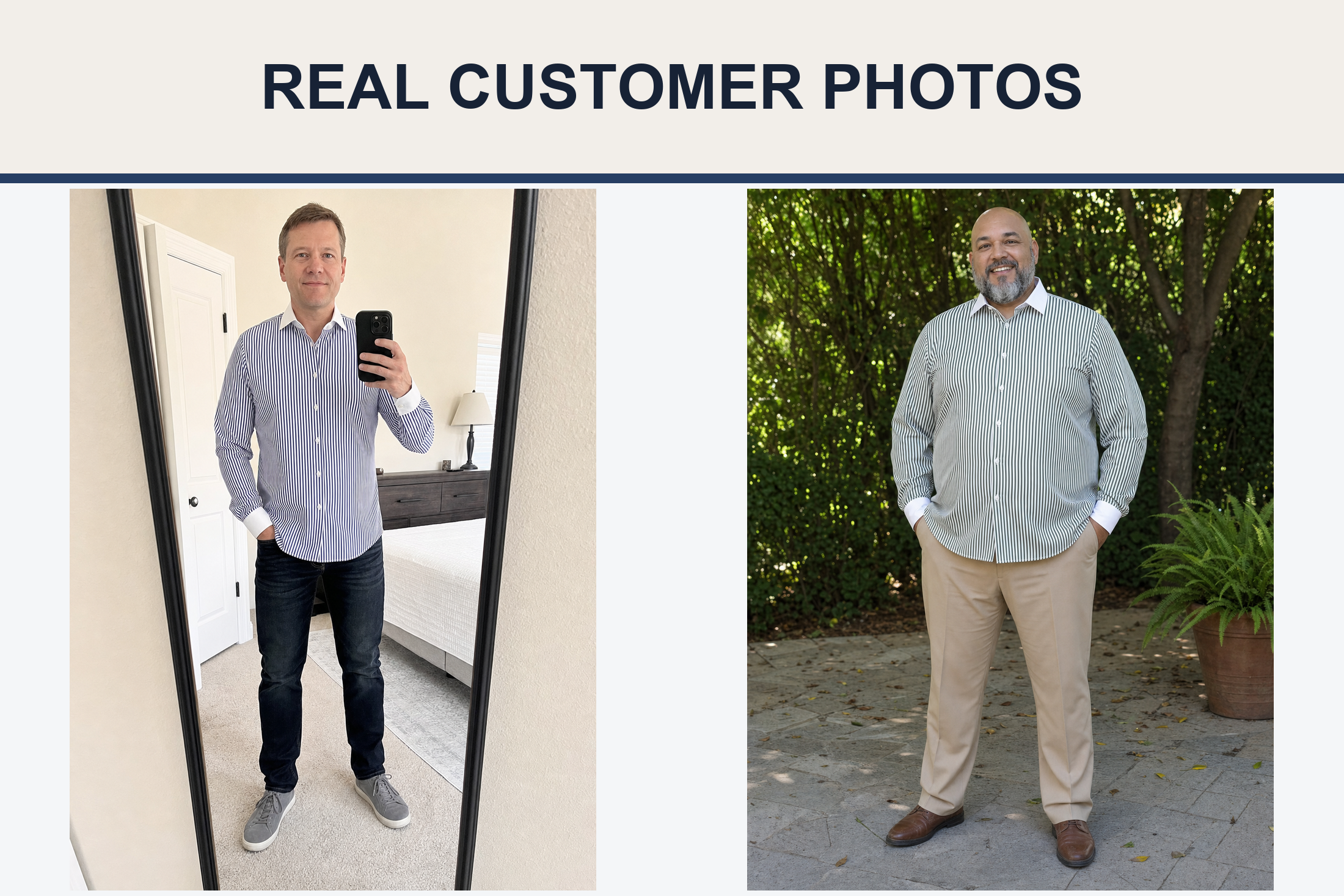 Real customer photos wearing navy and forest stripe shirts