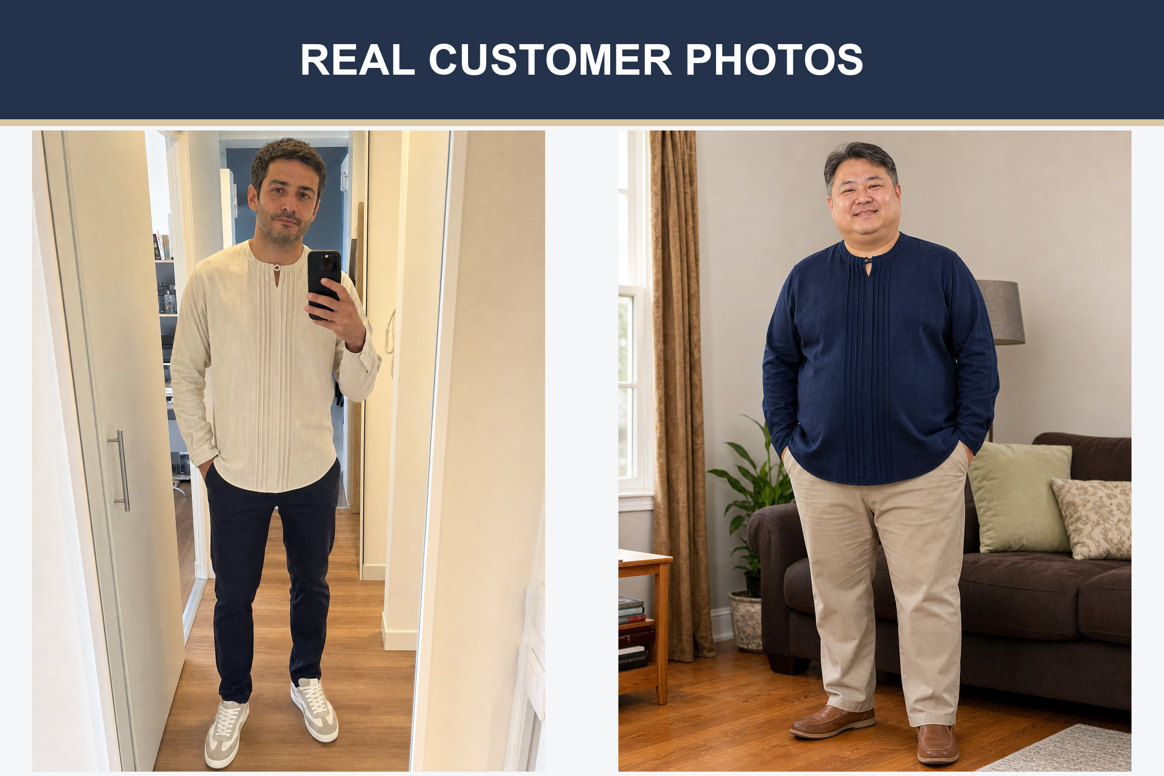Real customer pintuck shirt photos in light beige and navy
