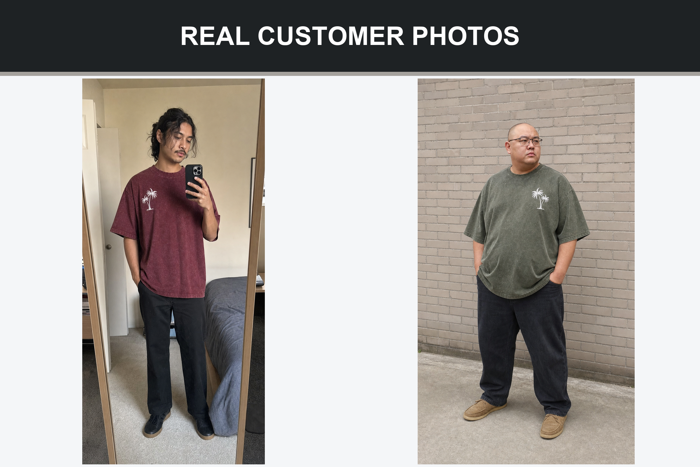 Real customer photos wearing the washed palm graphic oversized T-shirt