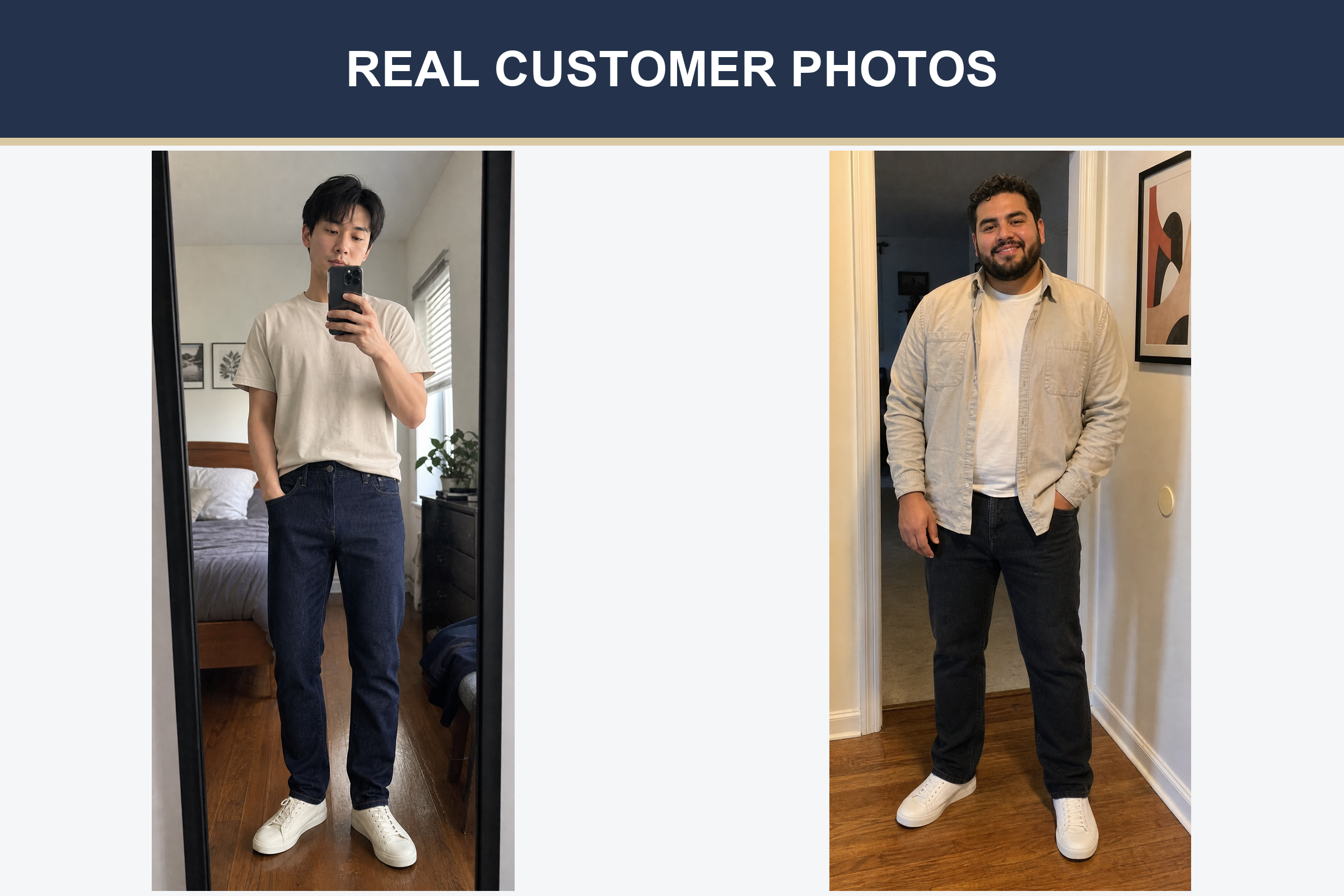 Real customer photos wearing regular tapered jeans