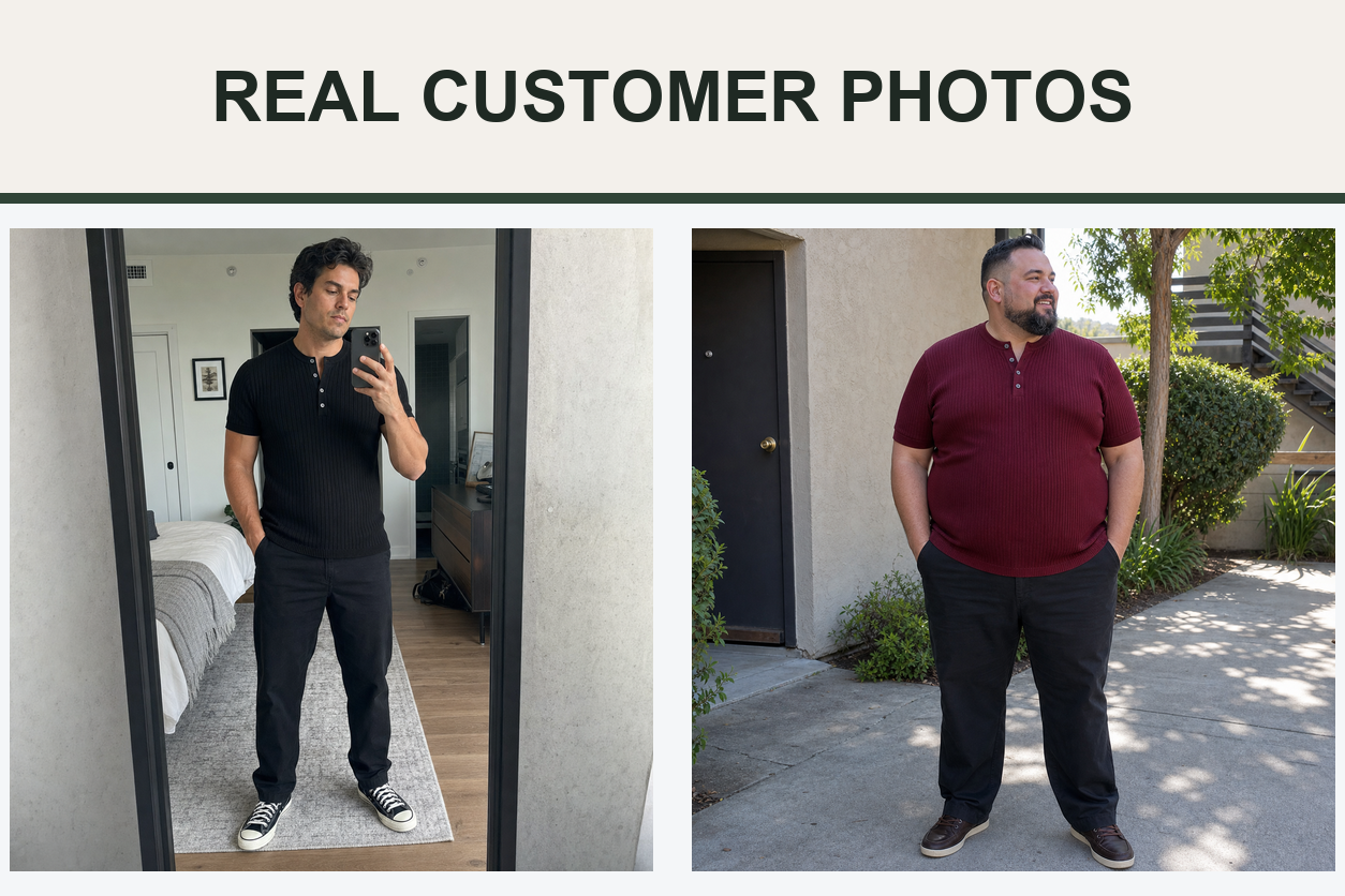 Real customer photos wearing black and burgundy fitted Henley shirts