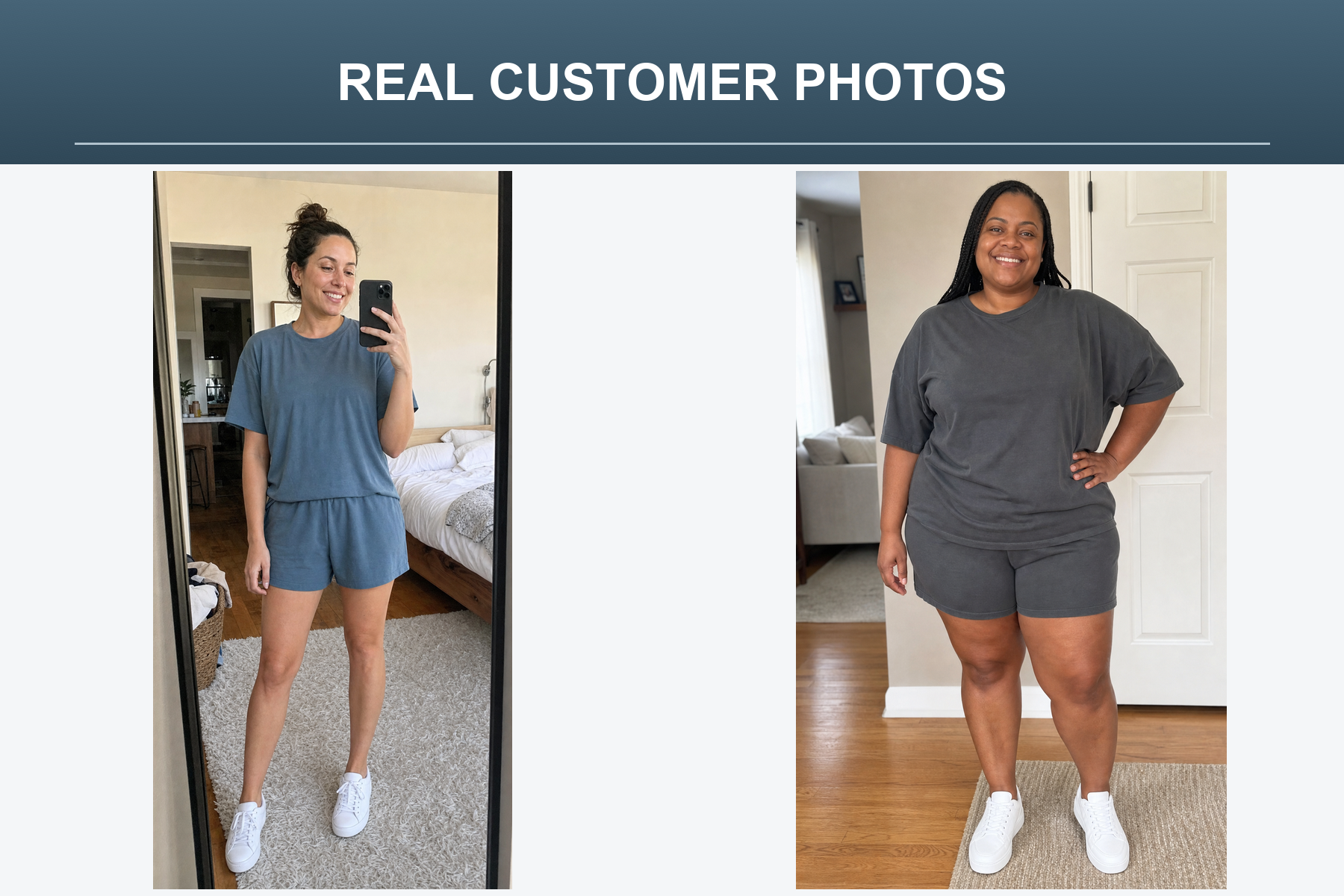 Real customer photos wearing relaxed top and shorts sets