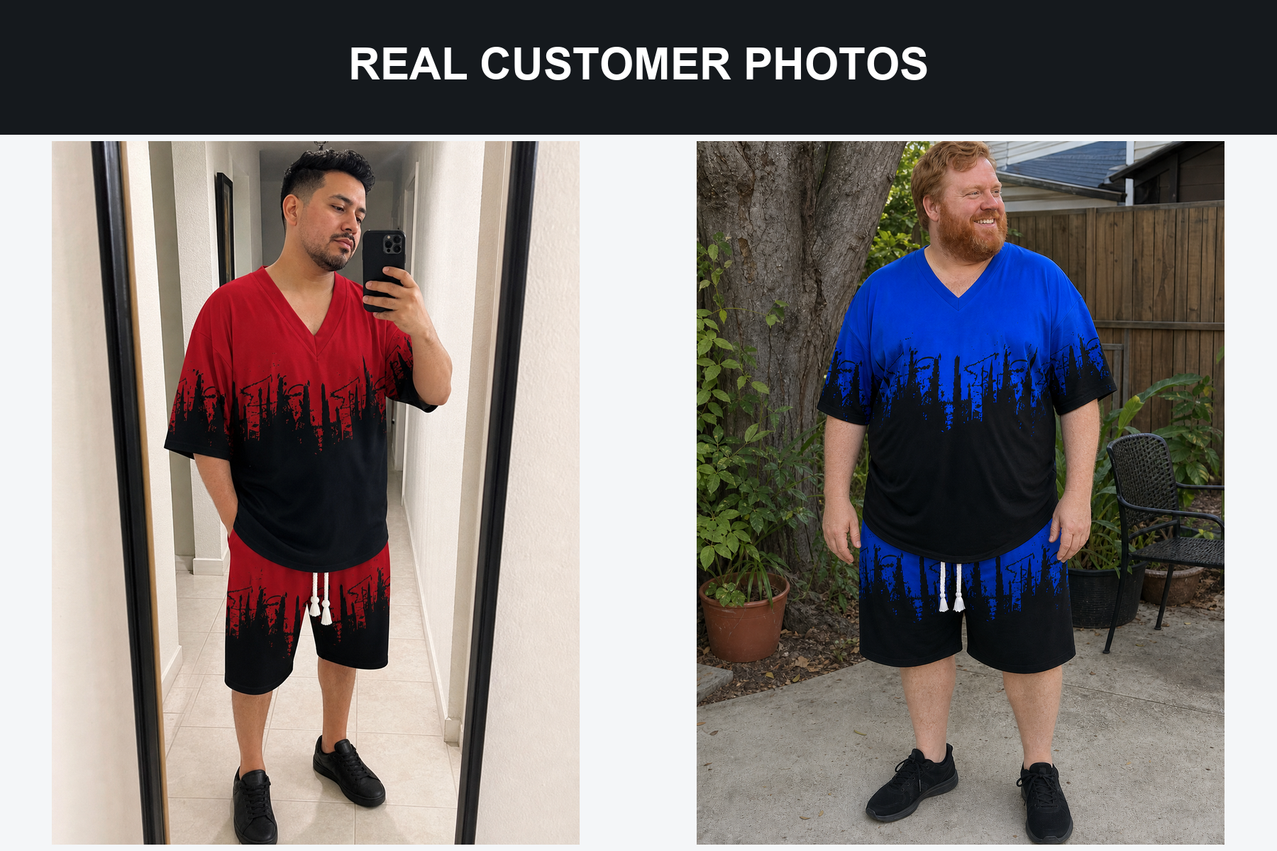 Real customer photos wearing red and blue city print sets