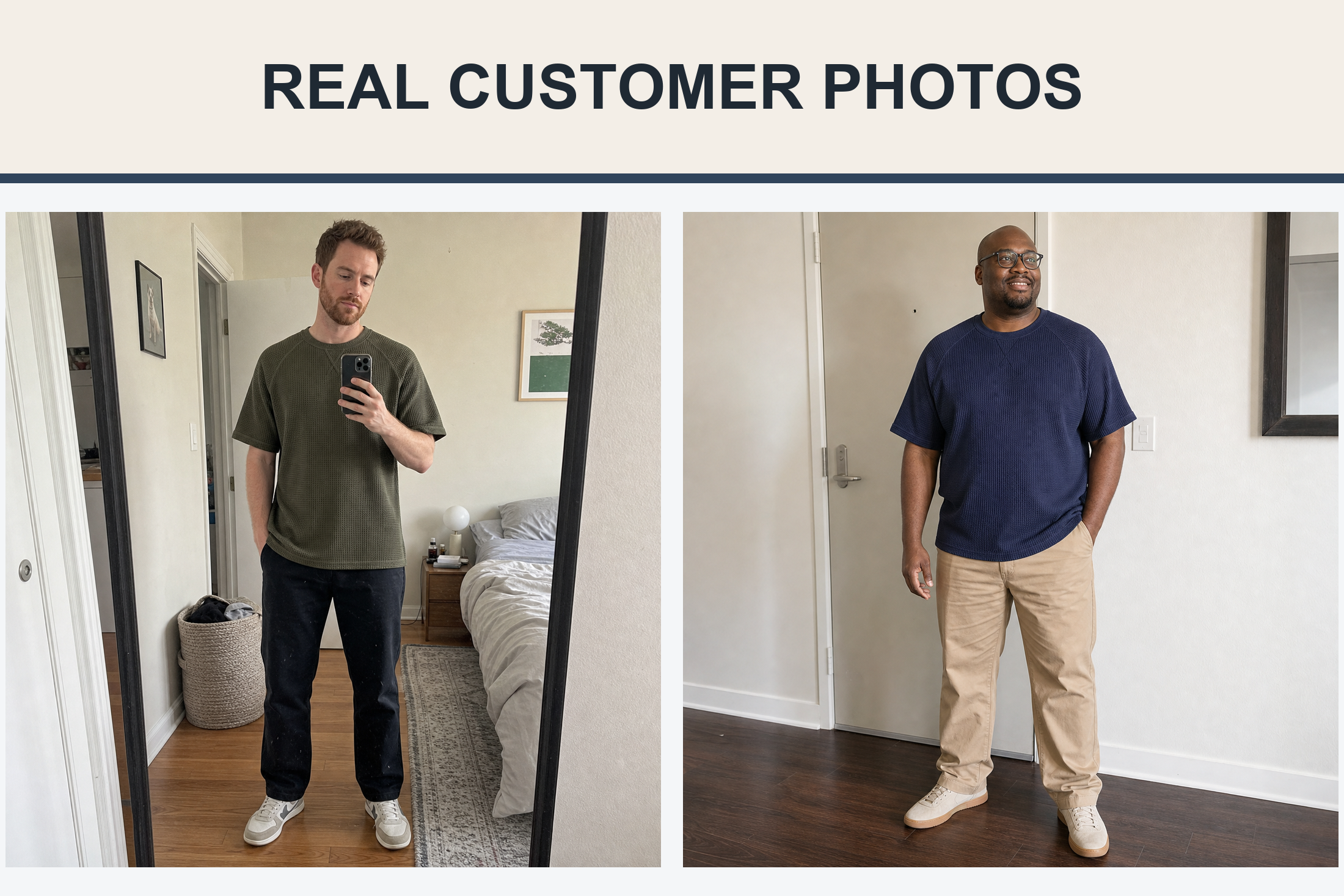 Real customer photos wearing olive and navy waffle raglan T-shirts