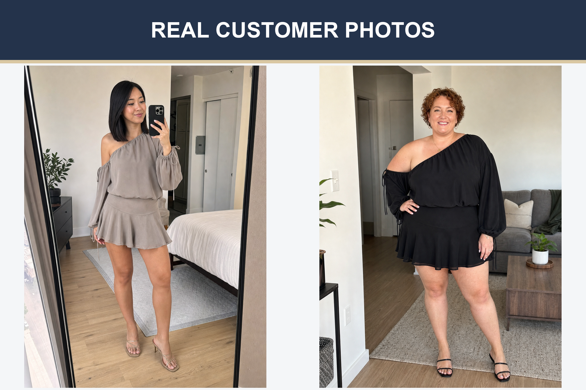 Real customer photos in taupe and black one-shoulder sets