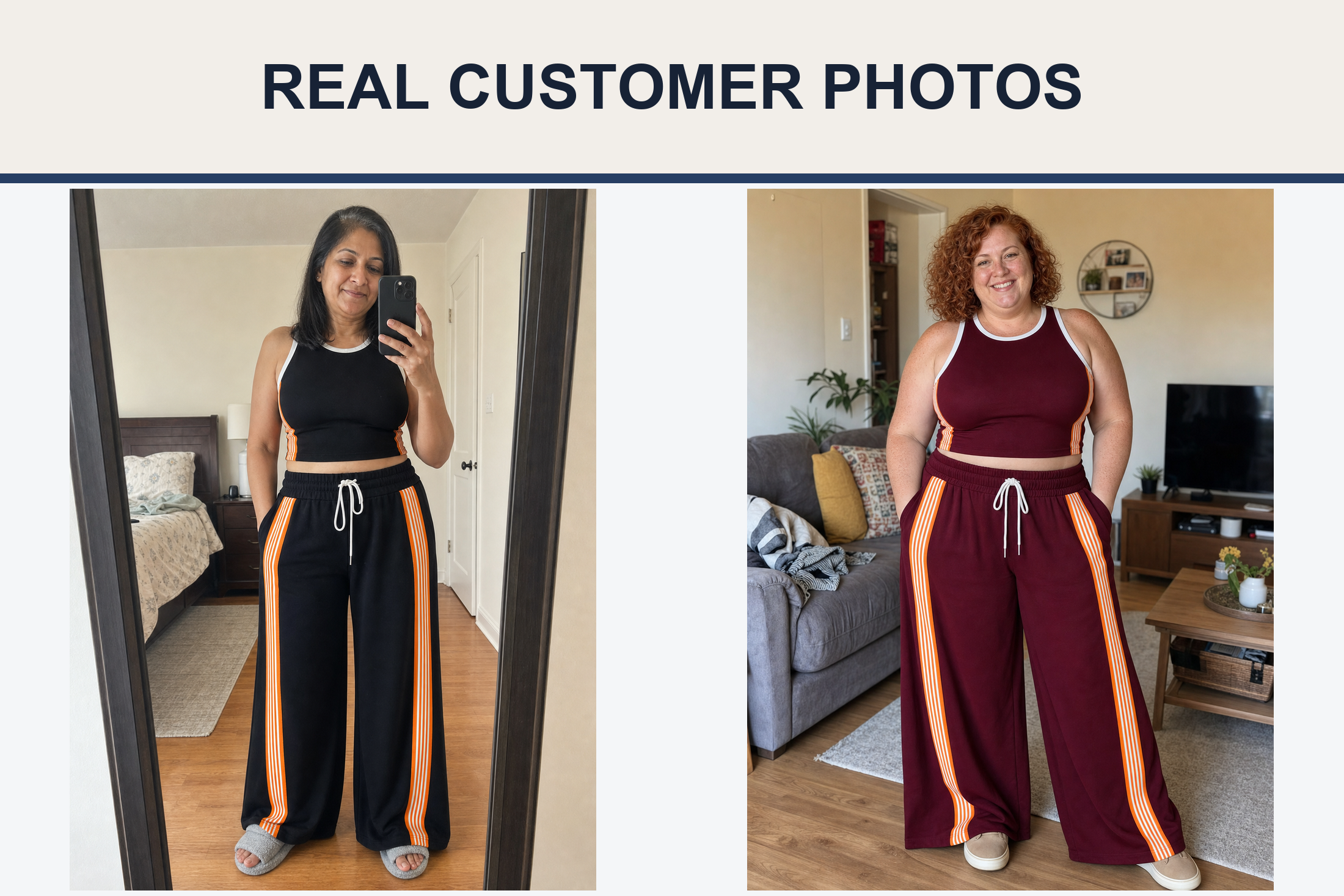 Real customer photos wearing black and burgundy wide-leg sets