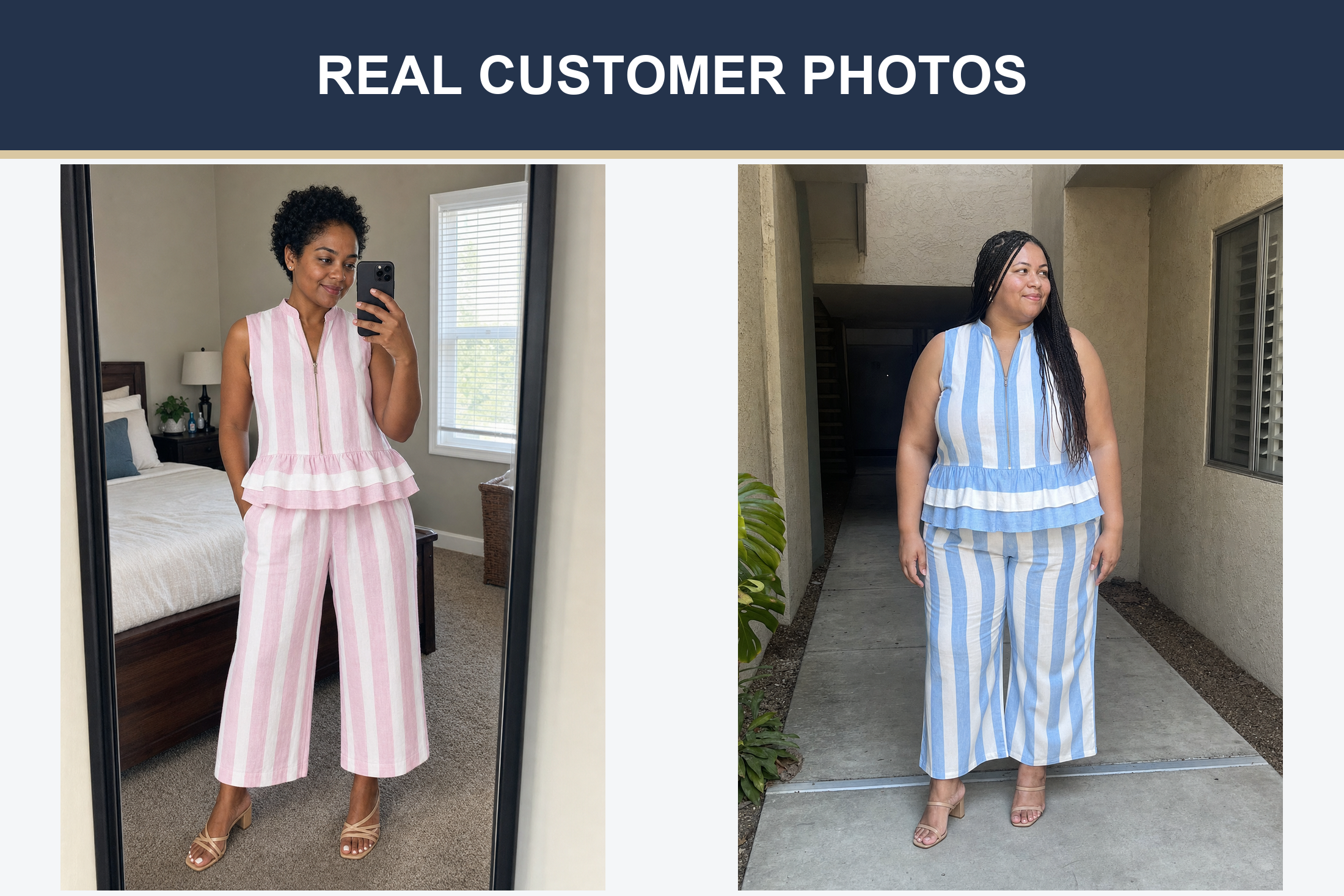 Real customer photos wearing the striped zip peplum set