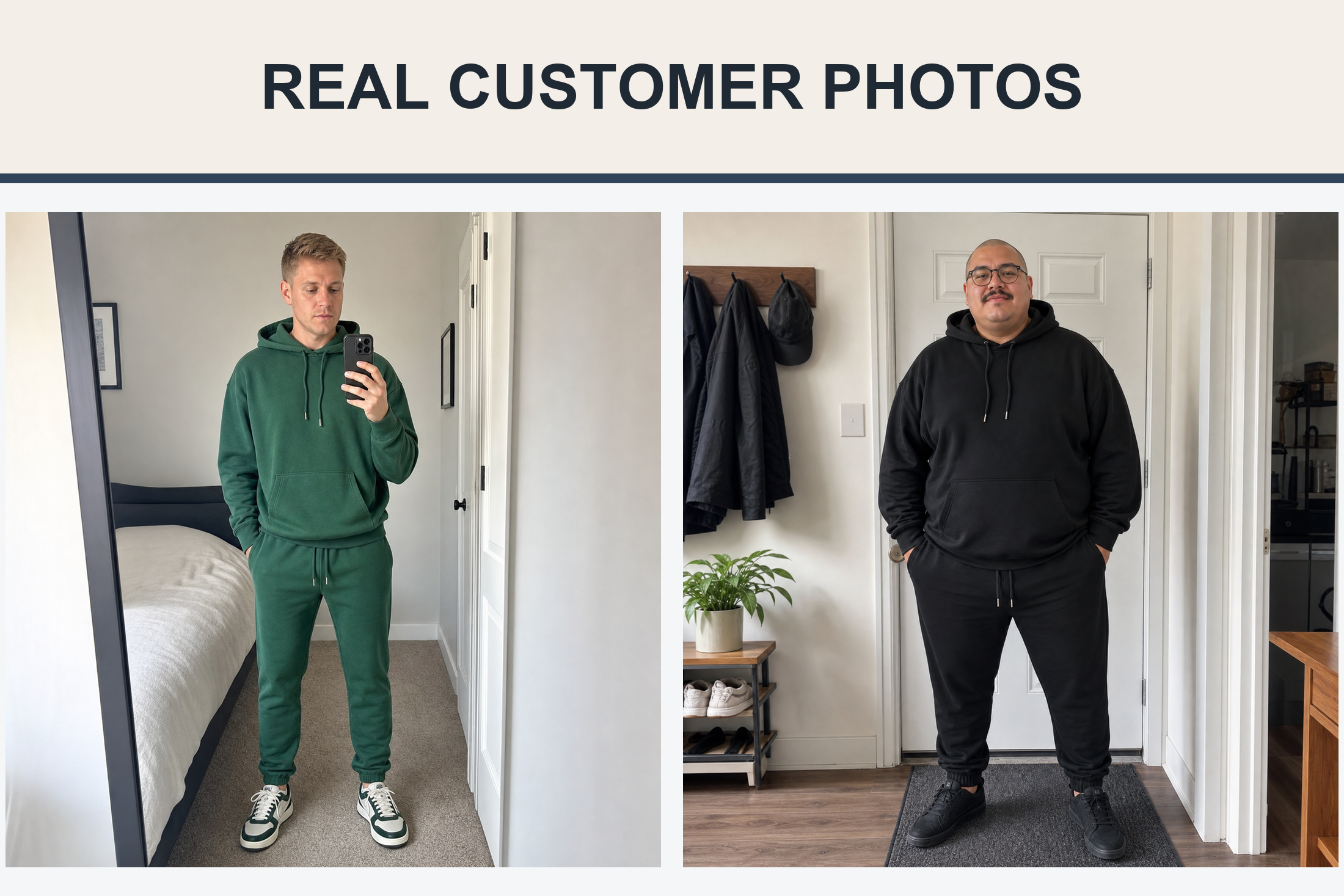 Real customers wearing green and black hoodie jogger sets