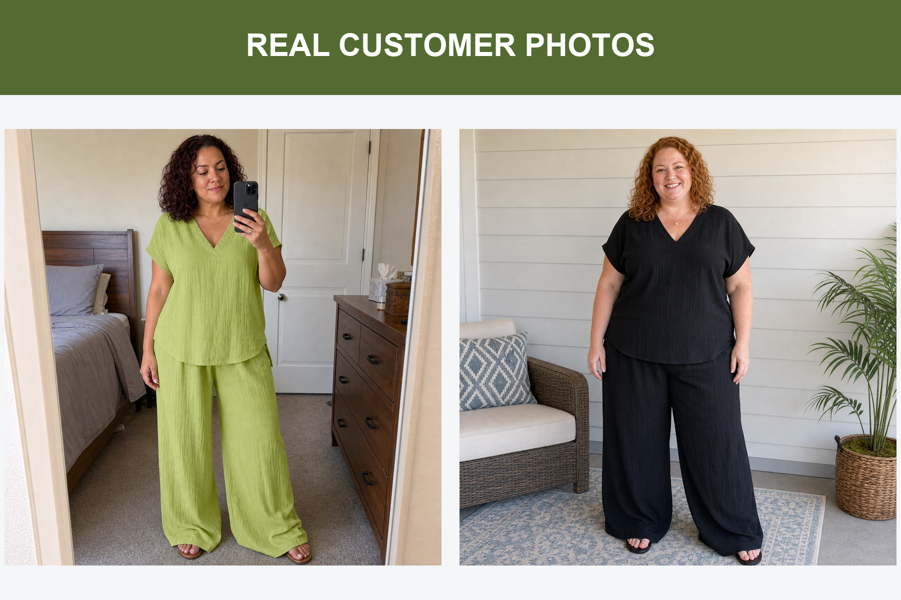Real customer photos wearing lime and black crinkle sets