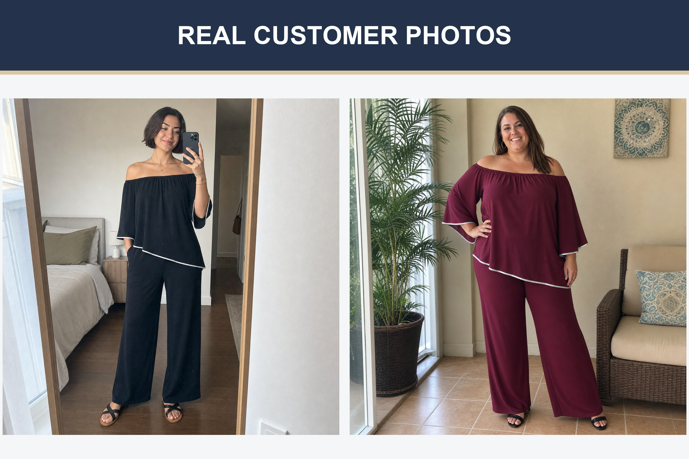 Real customer photos wearing black and burgundy off-shoulder sets