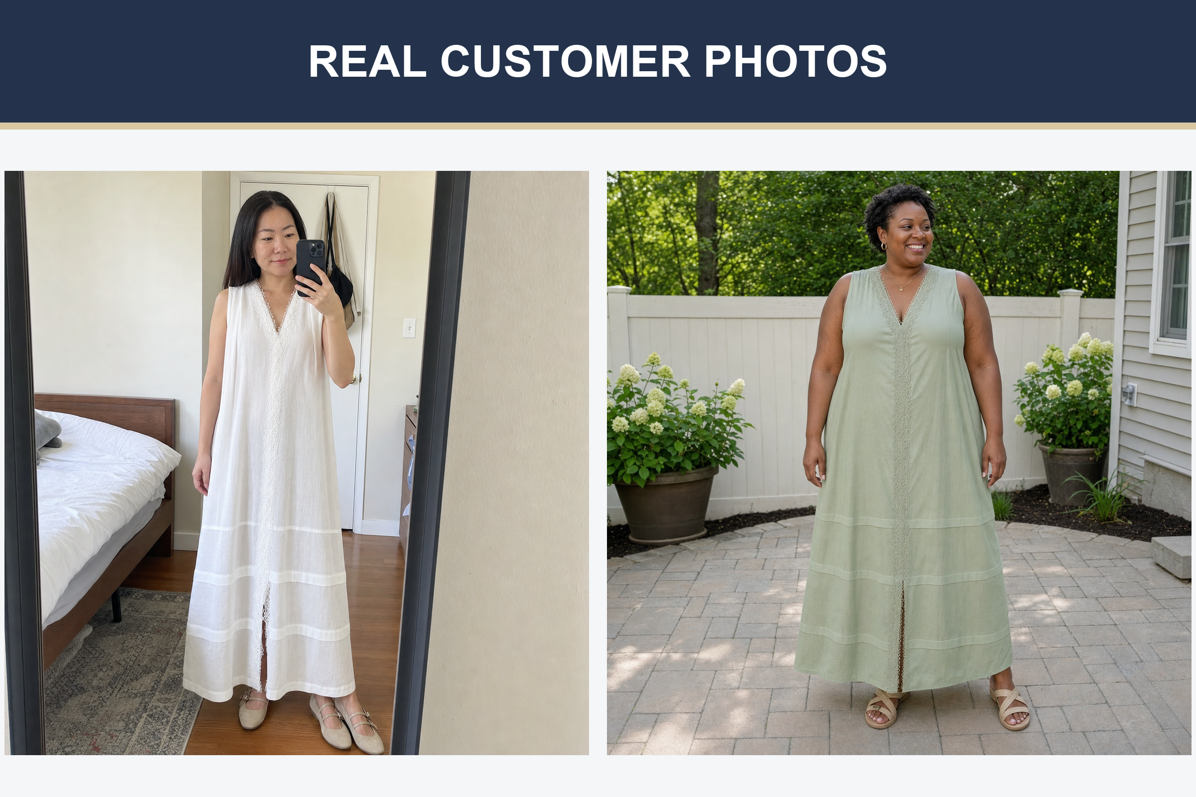 Real customer photos in white and sage lace-trim maxi dresses