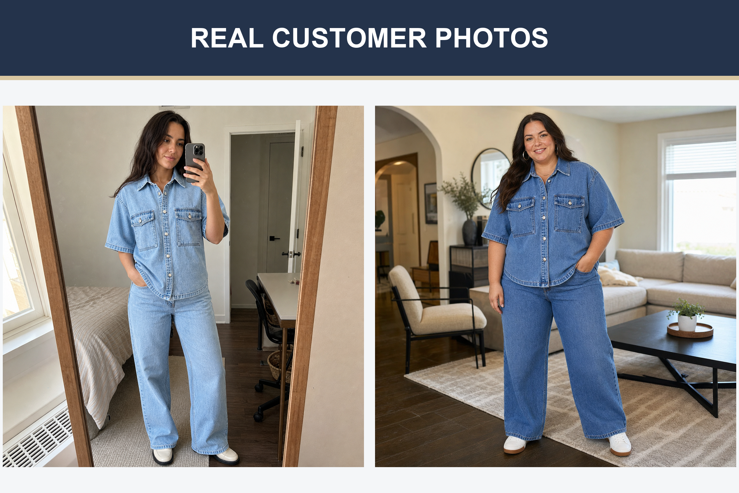 Real customer photos wearing the relaxed denim set