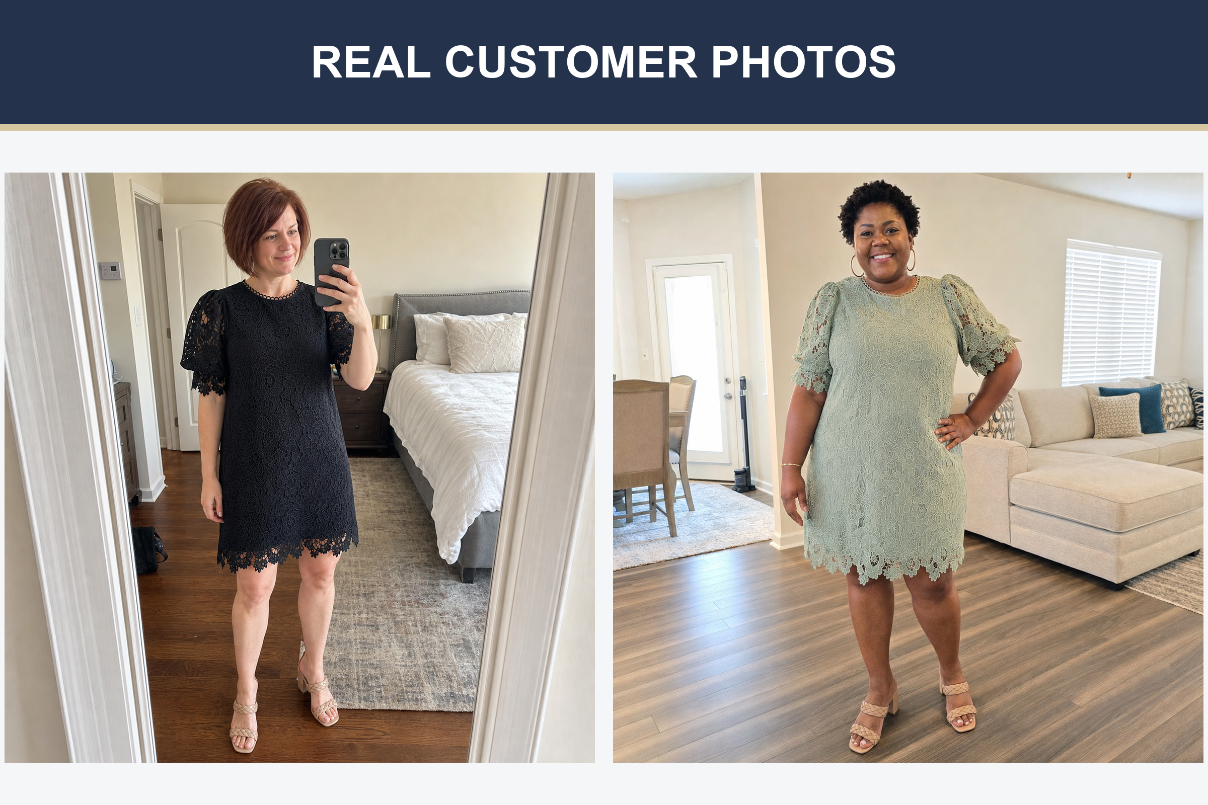 Real customer photos wearing black and sage floral lace dresses