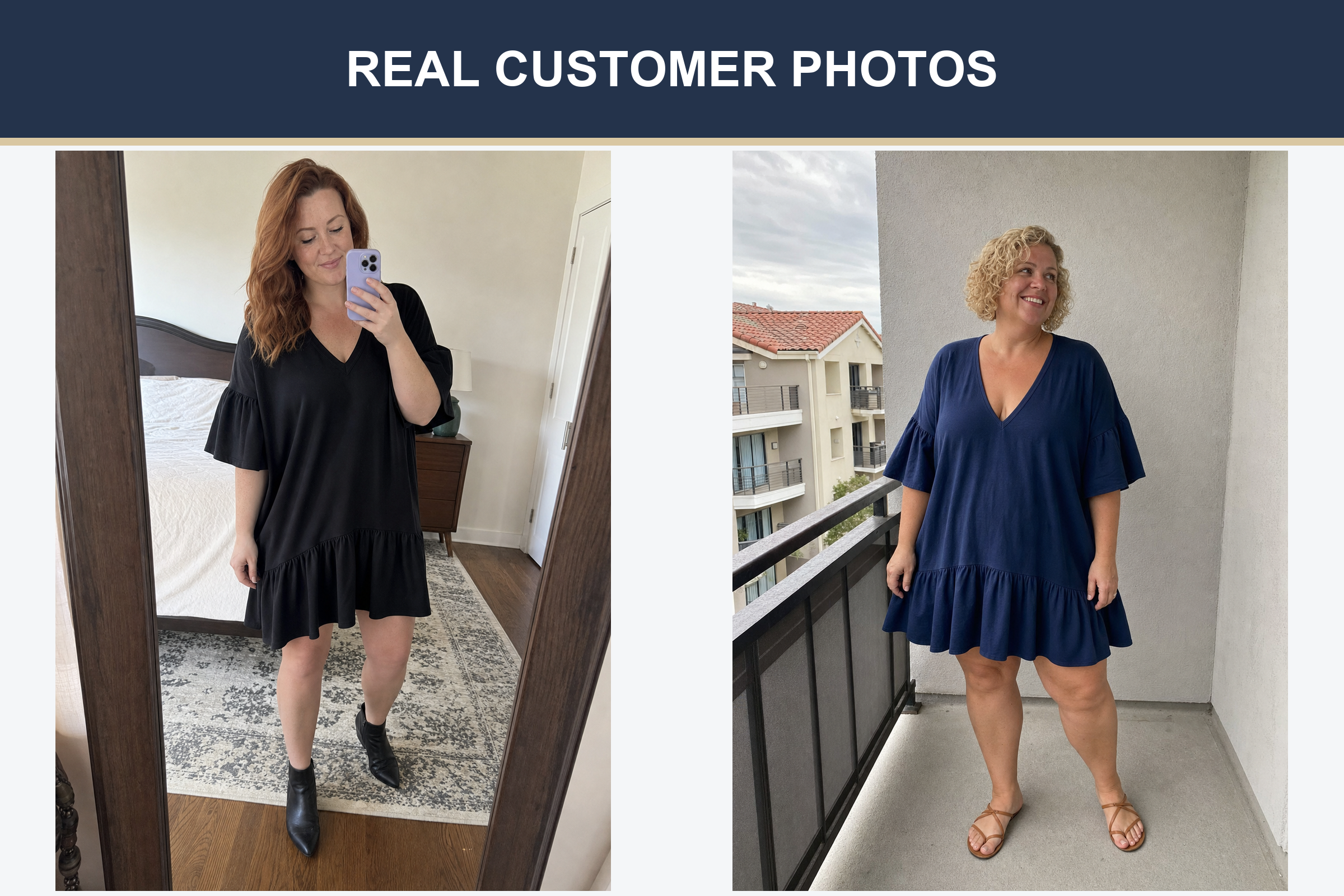 Real customer ruffle dress photos in black and navy