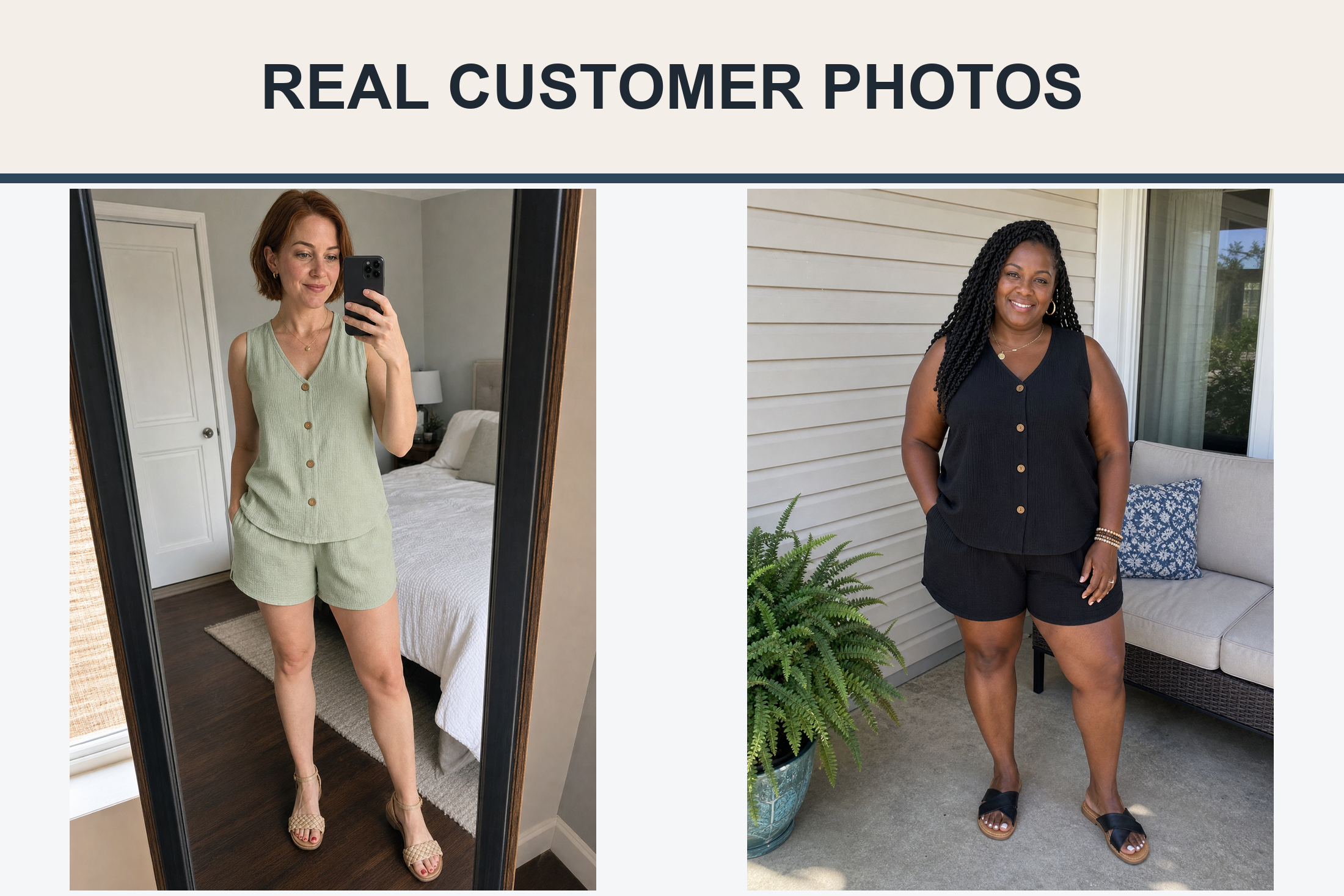 Real customer photos wearing sage and black crinkle shorts sets