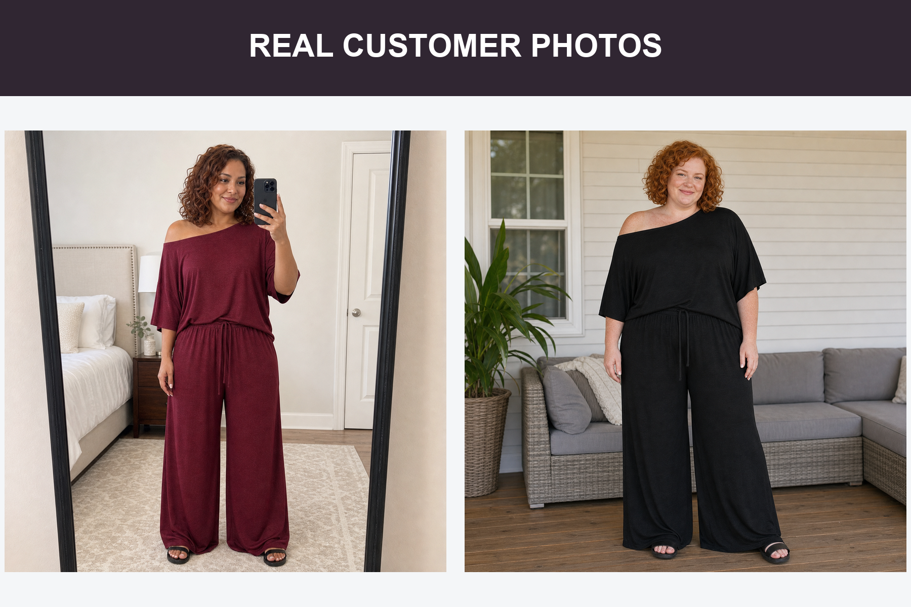 Real customer photos wearing burgundy and black sets
