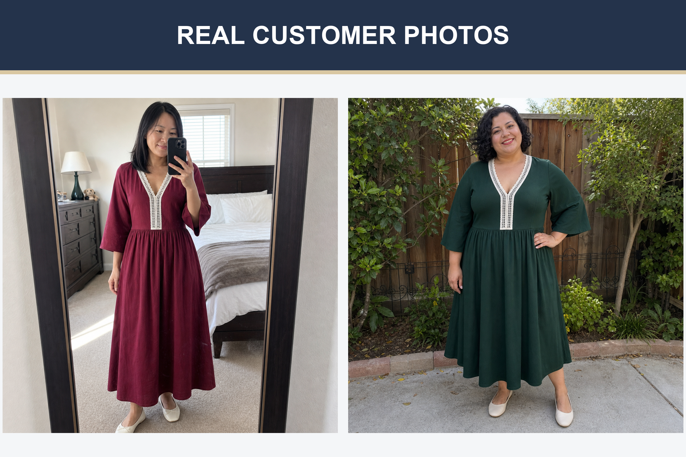 Real customer photos in burgundy and forest-green dresses