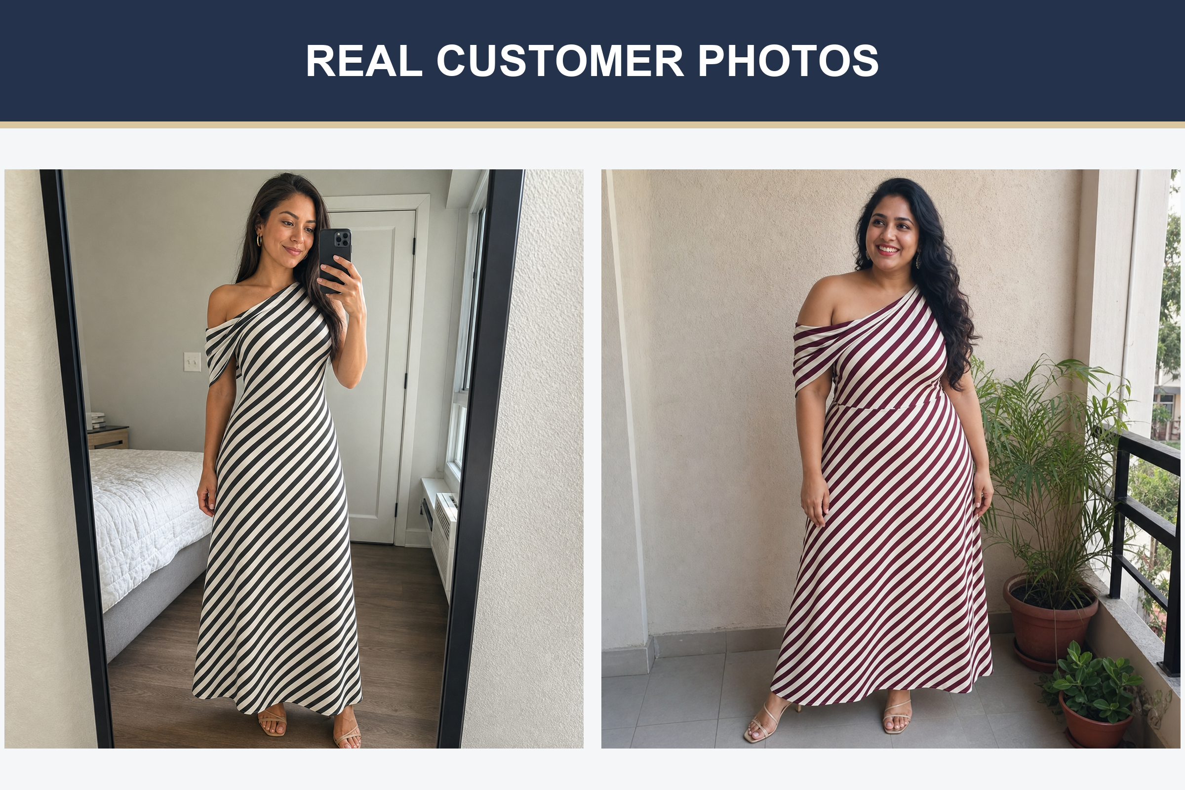 Real customer photos wearing black and burgundy stripe maxi dresses