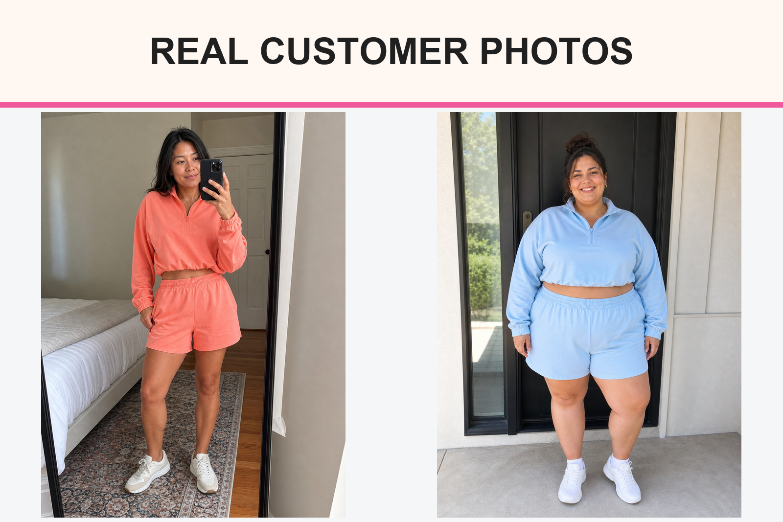 Real customer photos wearing coral and sky blue shorts sets