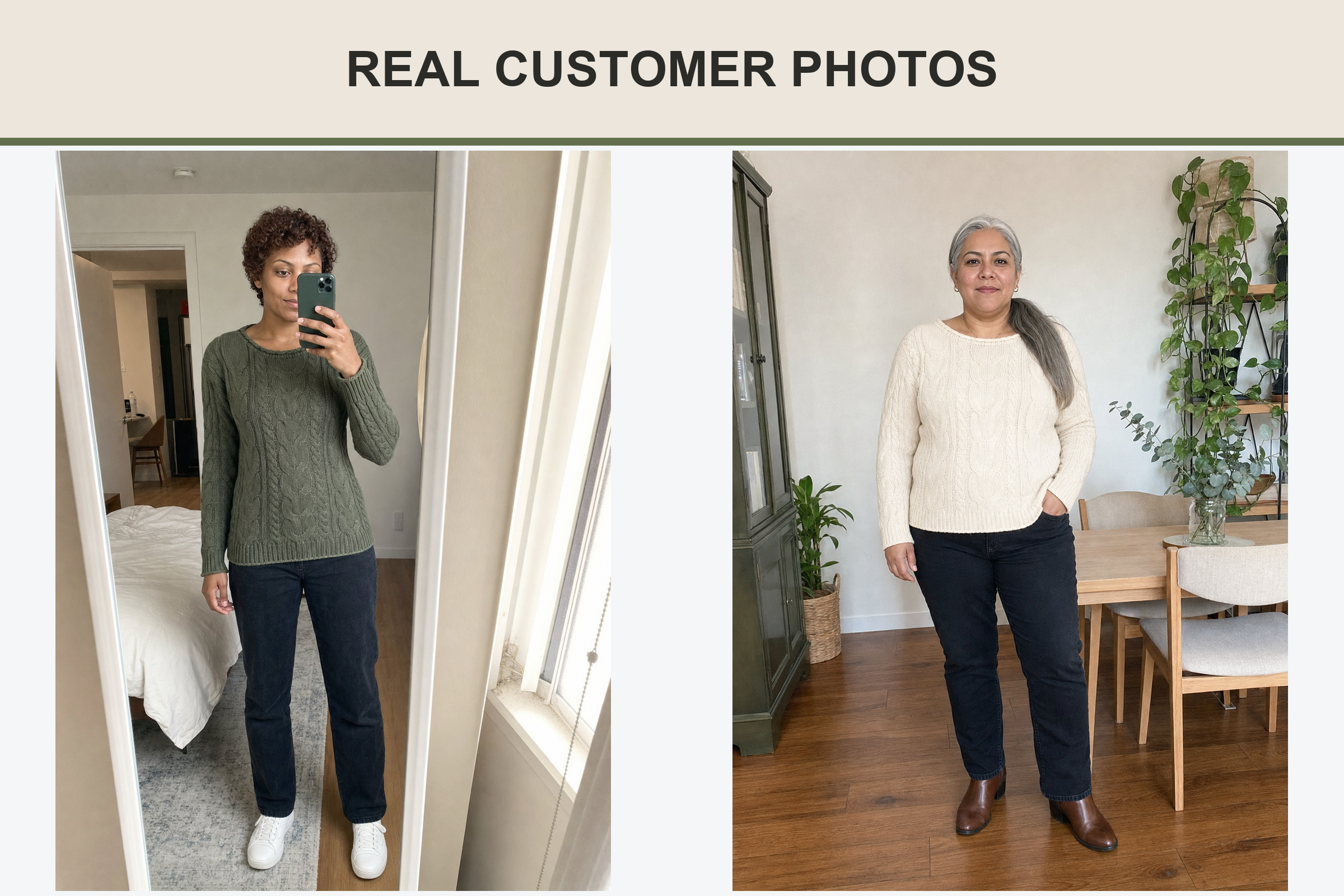 Real customer photos wearing olive and ivory cable knit sweaters