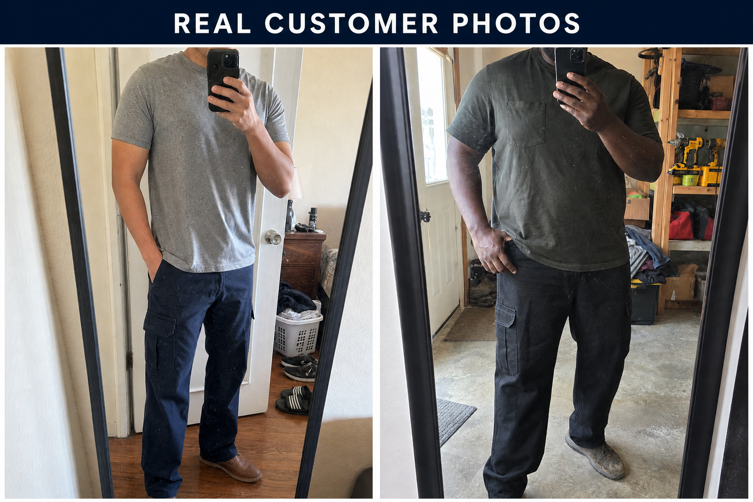 Real customer photos wearing navy and black cargo pants
