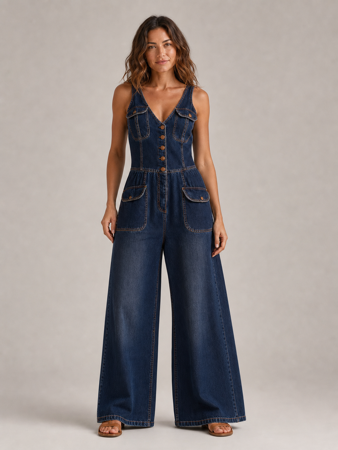 Women's dark indigo denim wide-leg jumpsuit