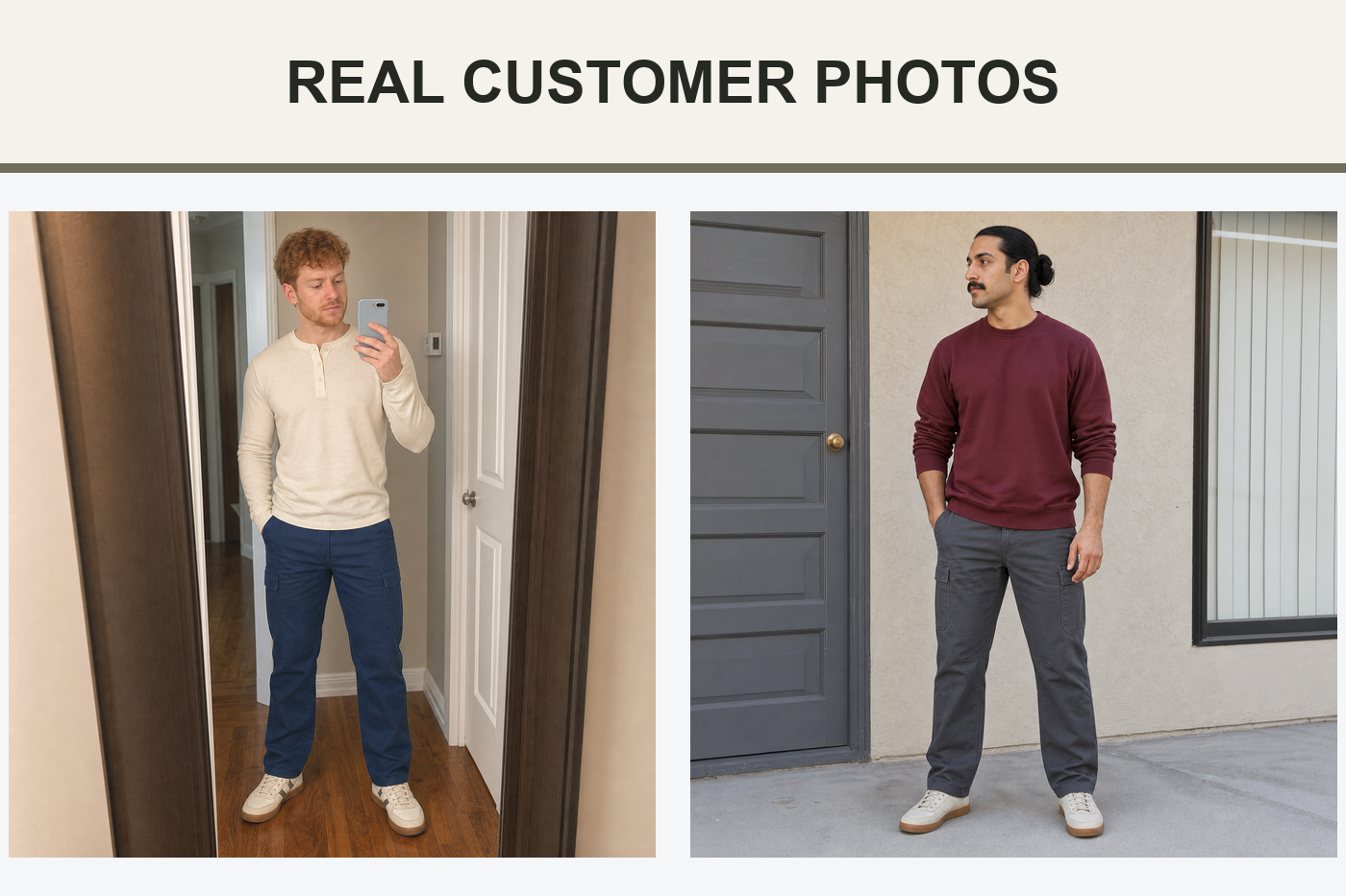 Real customer photos wearing navy and charcoal cargo pants