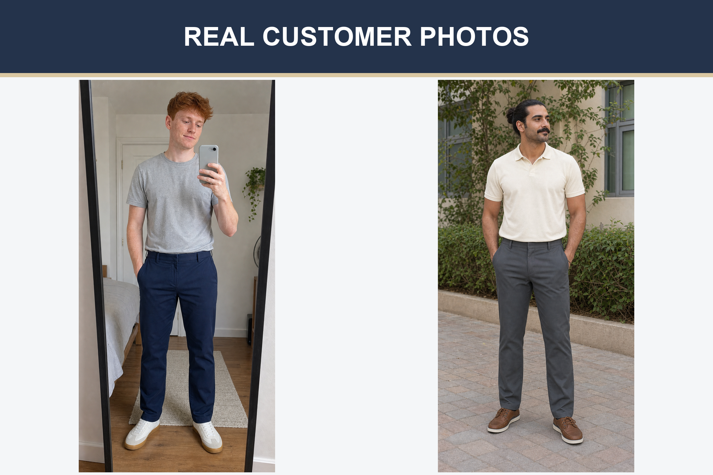 Real customer photos wearing navy and charcoal straight-leg pants