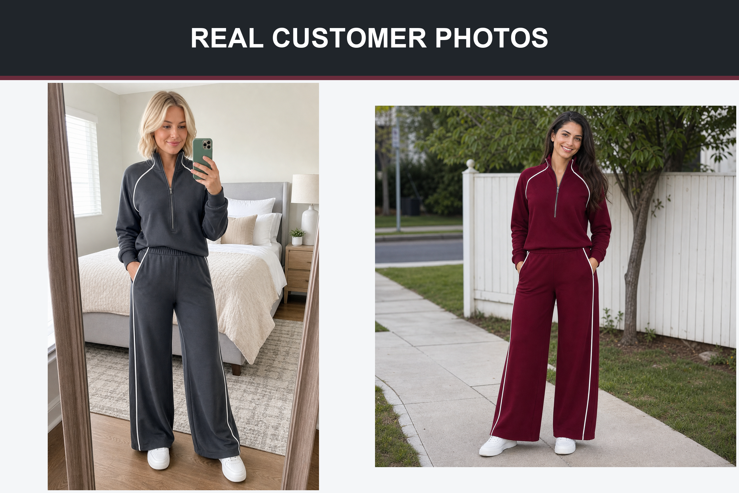 Real customer photos wearing charcoal and burgundy piped sets